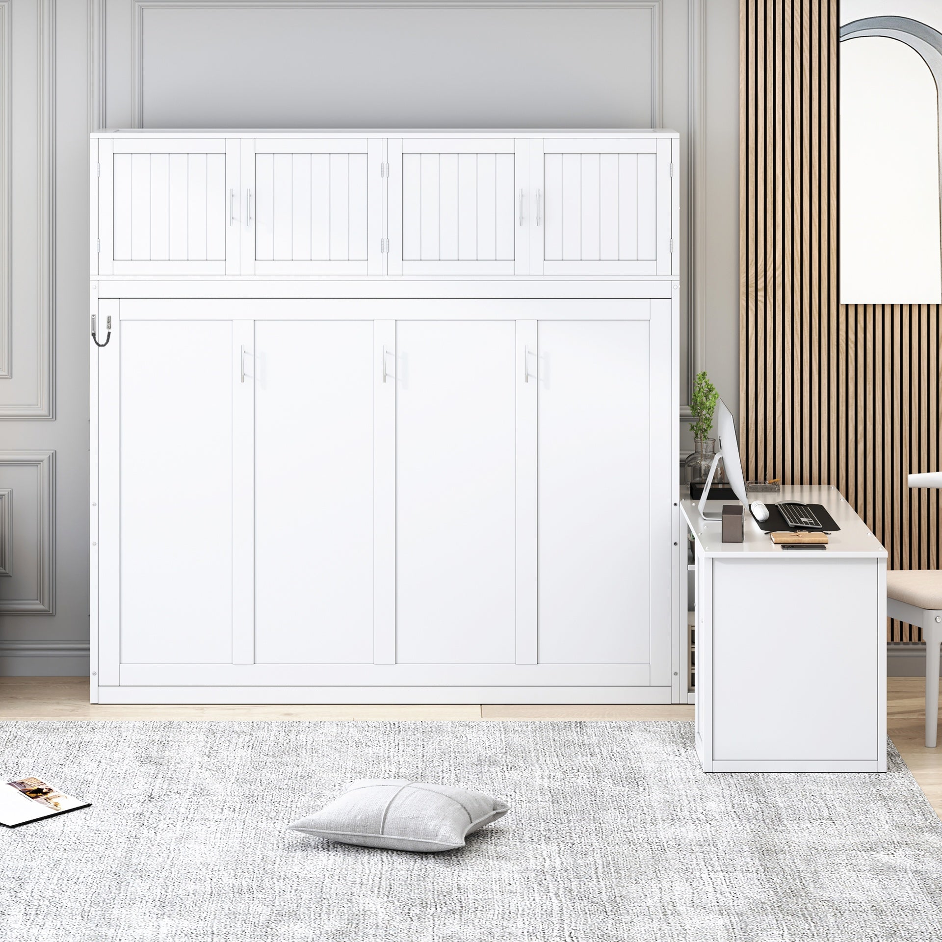 Queen Size Wall Murphy Bed with Desk and Storage Shelves and Big Cabinets, White(OLD SKU: N820S10034K)
