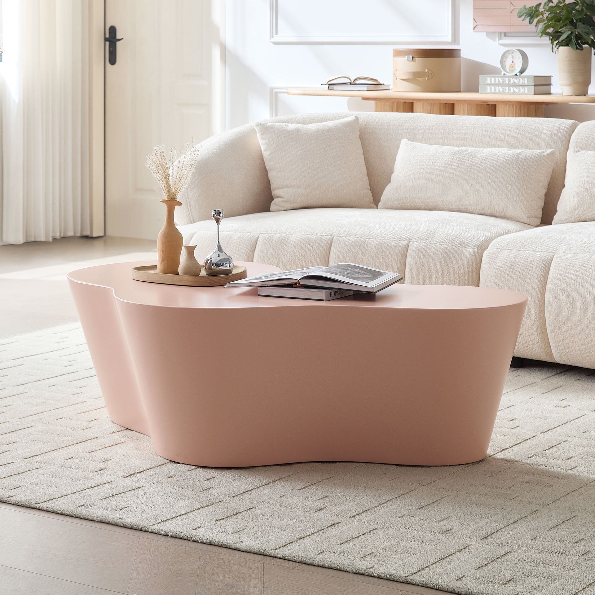 50 Inch Unique Shape Coffee Table Sturdy Fiberglass Tea Table for Living Room No Need Assembly PINK