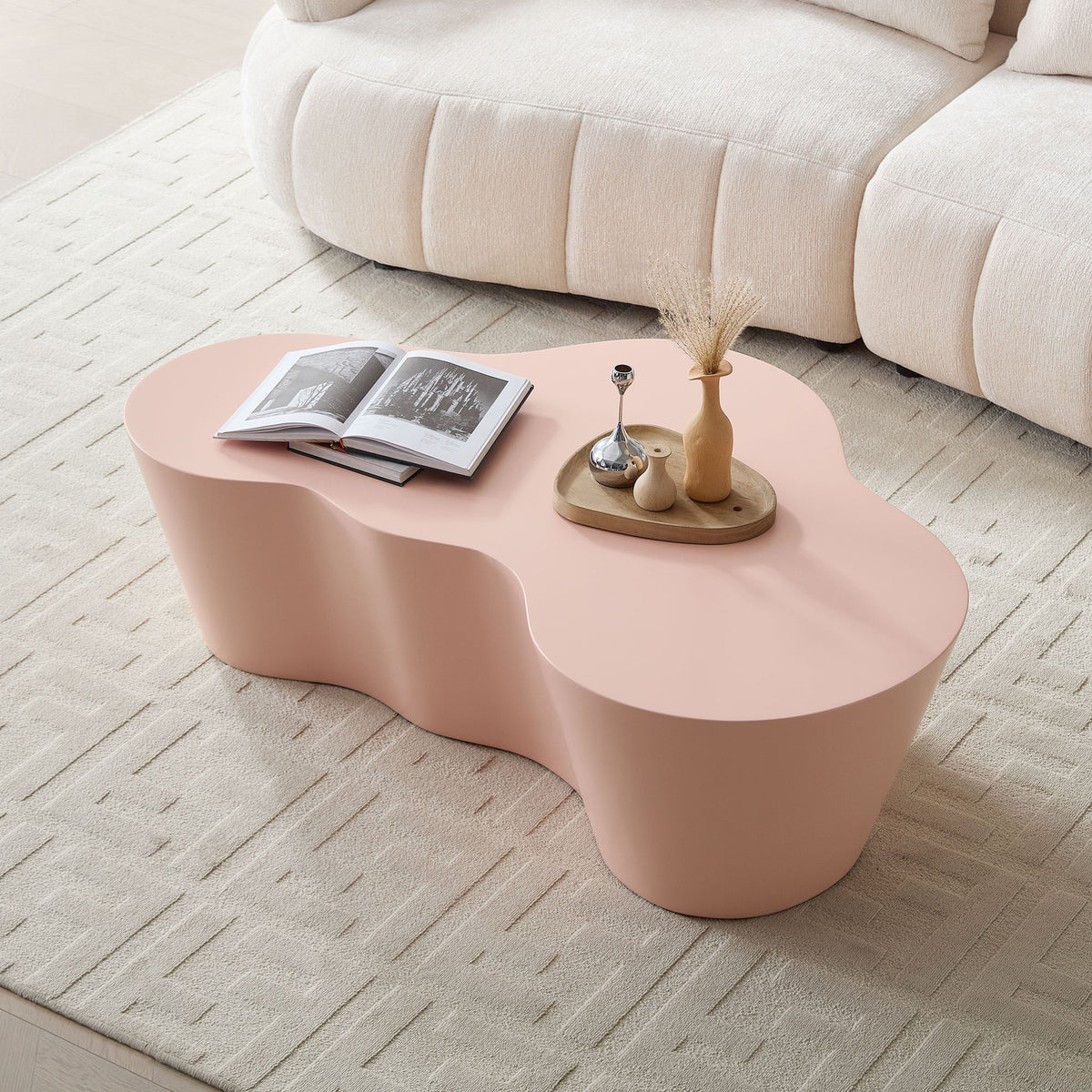 50 Inch Unique Shape Coffee Table Sturdy Fiberglass Tea Table for Living Room No Need Assembly PINK