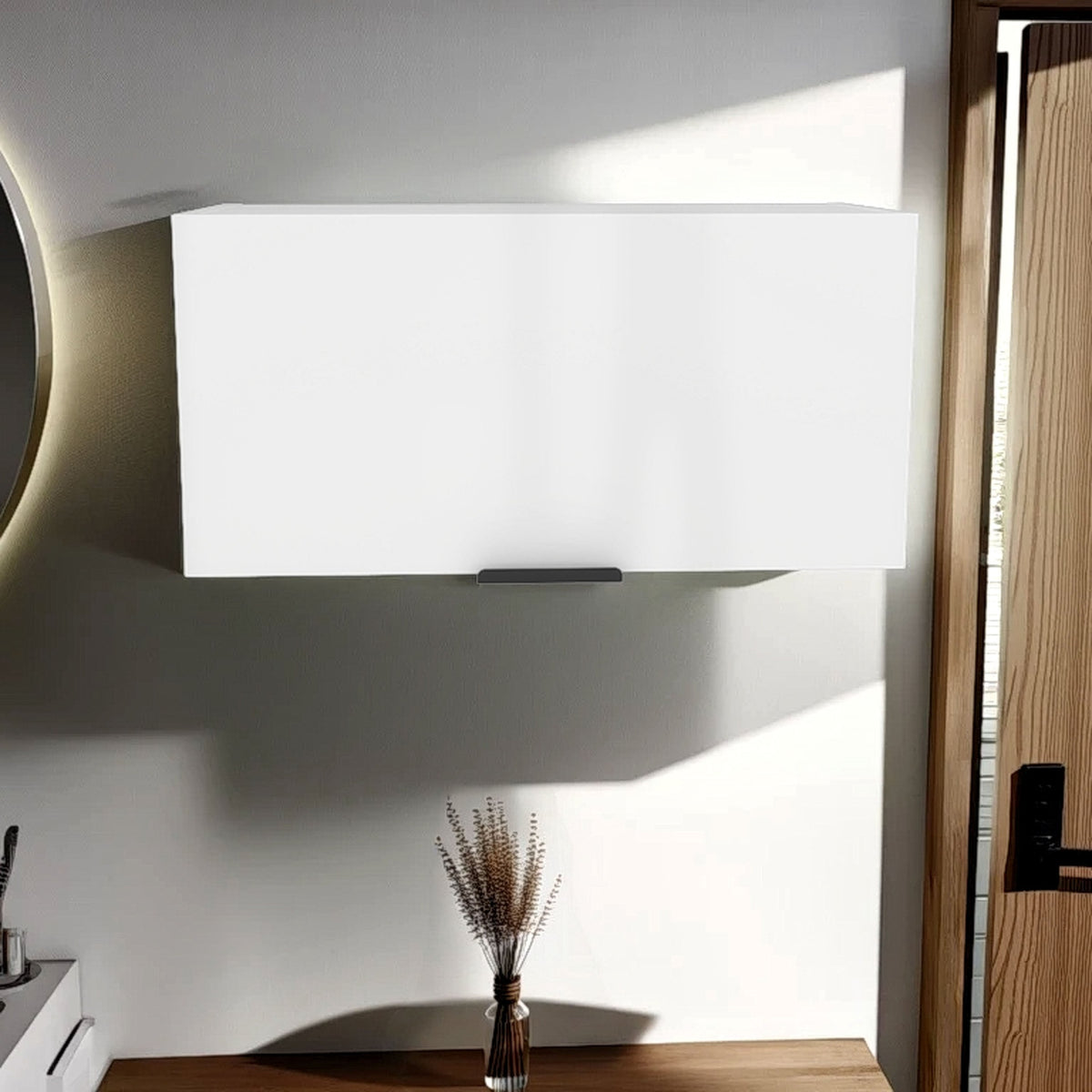 White 1-Shelf Pull-Up Wall Cabinet with Compact Design