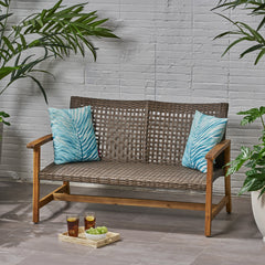 HAMPTON Outdoor Acacia Wood Wicker Loveseat, Patio Furniture Conversation Set for Backyard