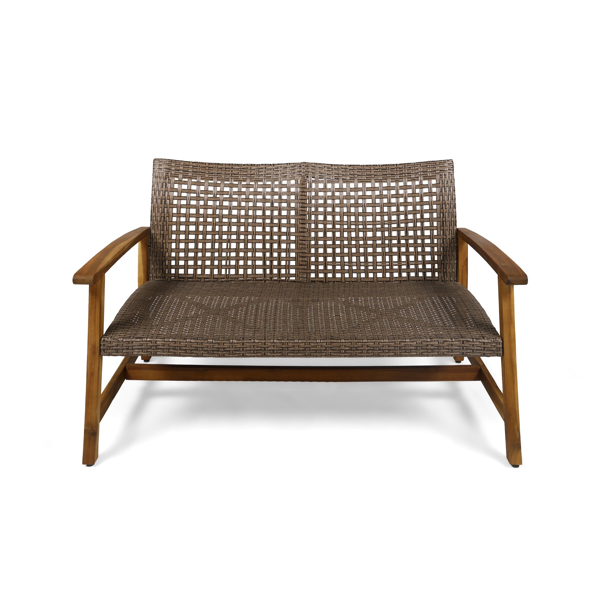 HAMPTON Outdoor Acacia Wood Wicker Loveseat, Patio Furniture Conversation Set for Backyard