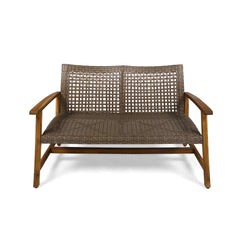 HAMPTON Outdoor Acacia Wood Wicker Loveseat, Patio Furniture Conversation Set for Backyard