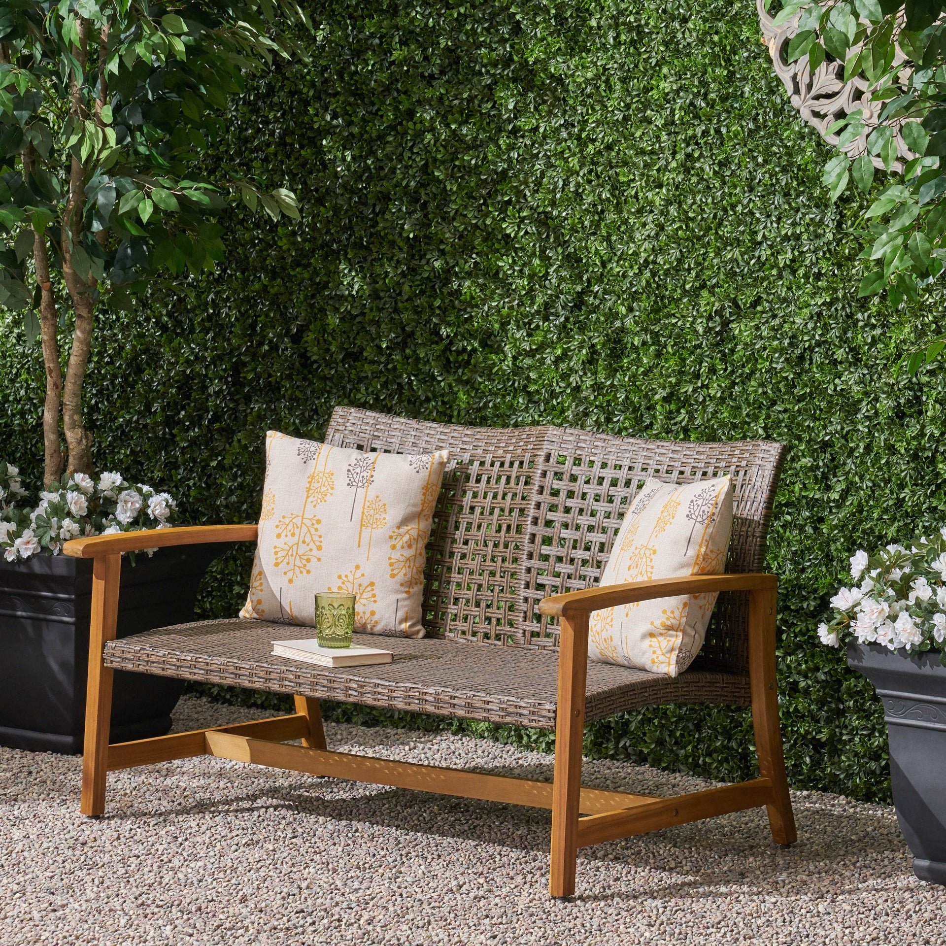 HAMPTON Outdoor Acacia Wood Wicker Loveseat, Patio Furniture Conversation Set for Backyard
