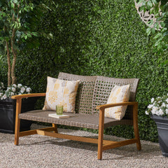 HAMPTON Outdoor Acacia Wood Wicker Loveseat, Patio Furniture Conversation Set for Backyard