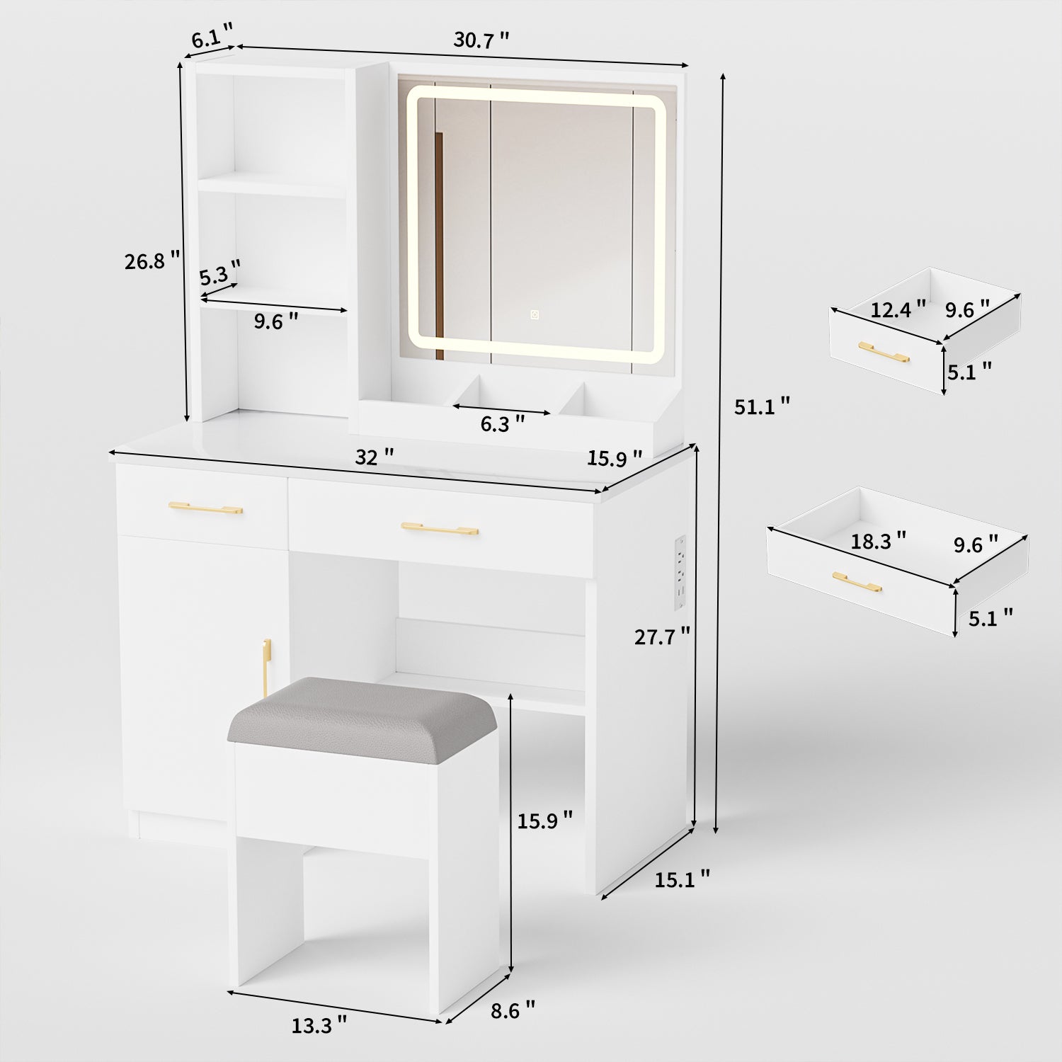 Makeup Vanity Desk with Mirror and Lights, White Vanity Table with Power Outlet and 3 Lighting Modes, Dressing Table Set with Cabinet Drawers Shelves and Storage Stool for Bedroom