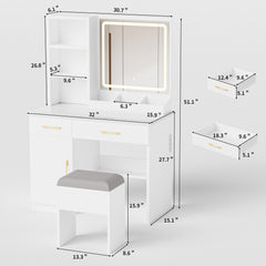 Makeup Vanity Desk with Mirror and Lights, White Vanity Table with Power Outlet and 3 Lighting Modes, Dressing Table Set with Cabinet Drawers Shelves and Storage Stool for Bedroom