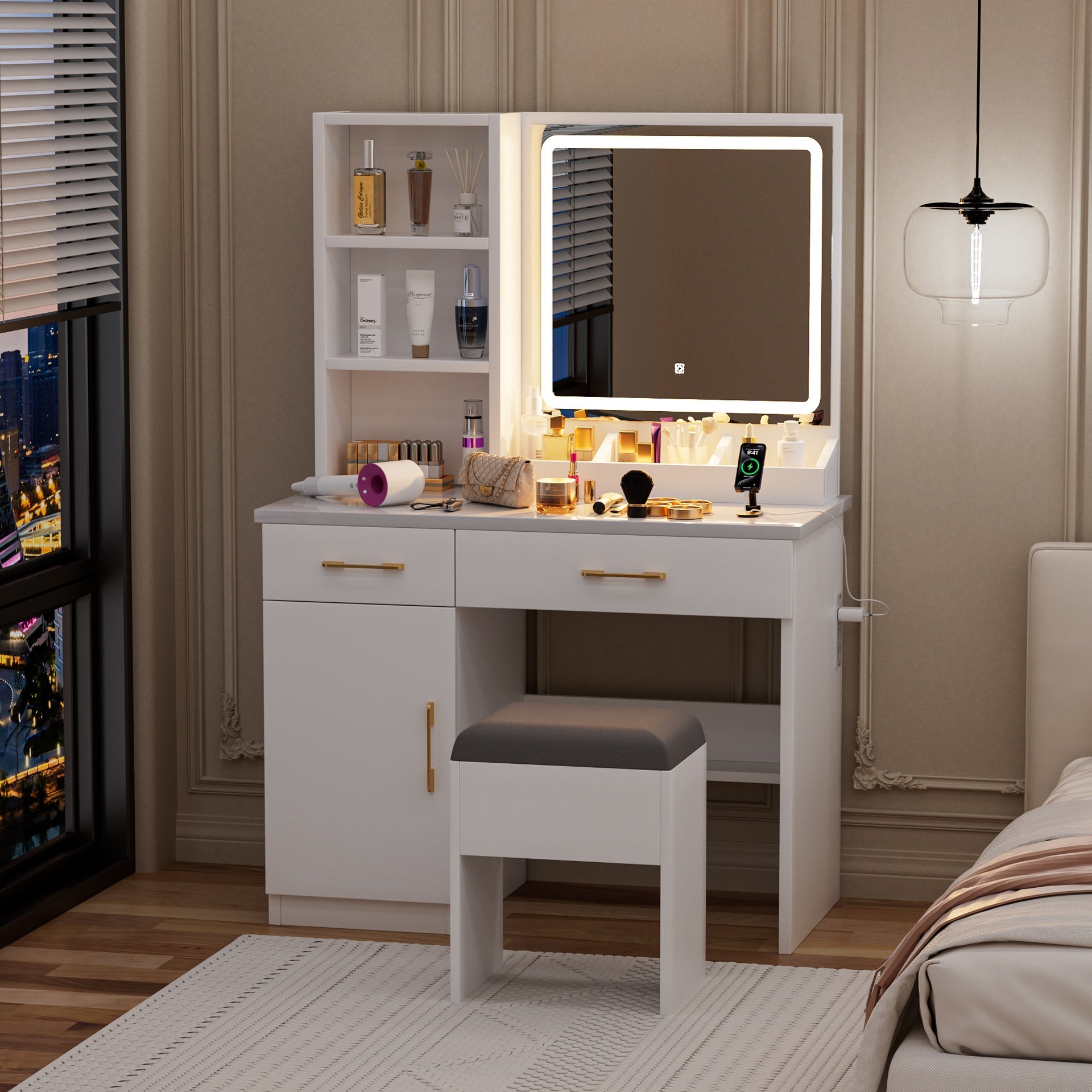 Makeup Vanity Desk with Mirror and Lights, White Vanity Table with Power Outlet and 3 Lighting Modes, Dressing Table Set with Cabinet Drawers Shelves and Storage Stool for Bedroom