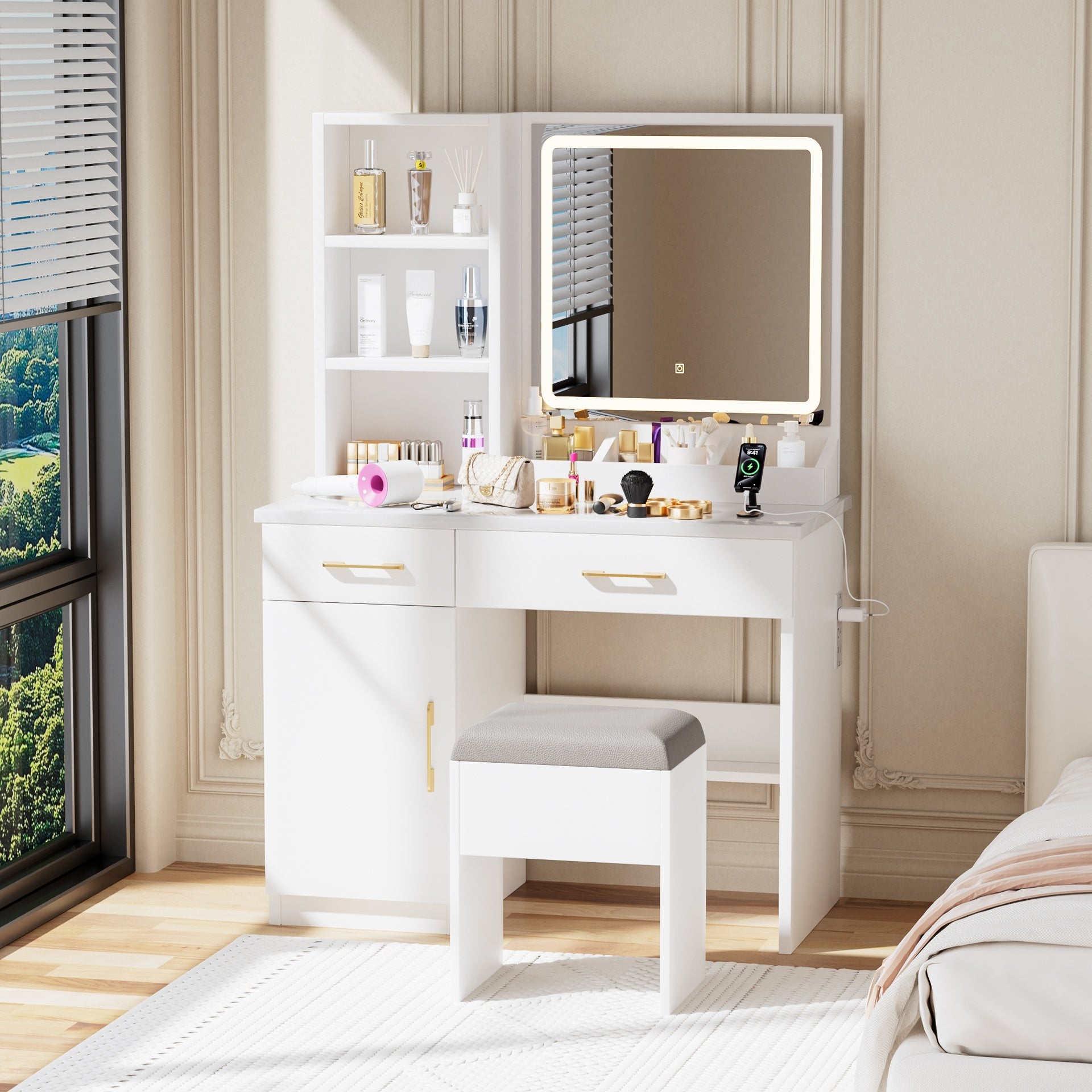 Makeup Vanity Desk with Mirror and Lights, White Vanity Table with Power Outlet and 3 Lighting Modes, Dressing Table Set with Cabinet Drawers Shelves and Storage Stool for Bedroom