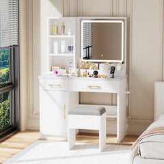 Makeup Vanity Desk with Mirror and Lights, White Vanity Table with Power Outlet and 3 Lighting Modes, Dressing Table Set with Cabinet Drawers Shelves and Storage Stool for Bedroom
