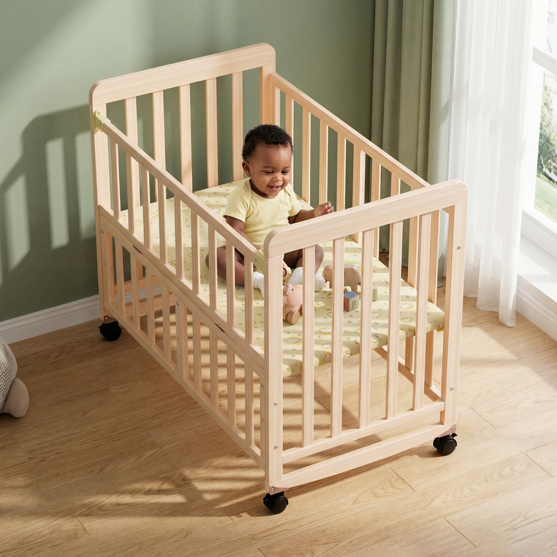 Baby Bassinets Bedside Sleeper - Portable Pine Wood Bedside Bassinet,3 Heights Small Mini Crib with Mattress,Space-Saving Design Baby Crib for Newborns 0-36 Months