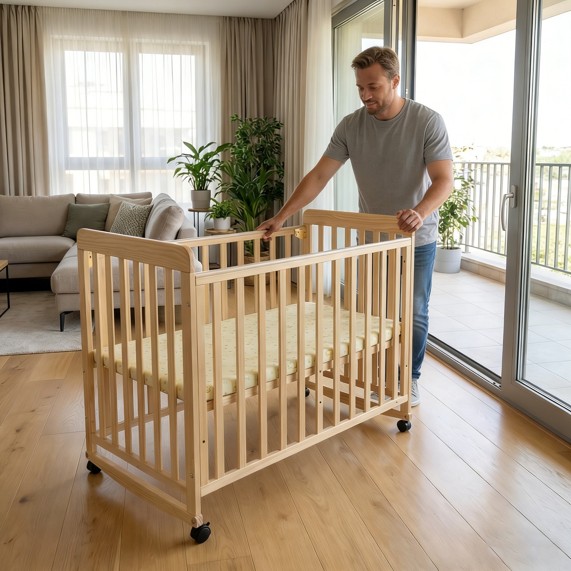 Baby Bassinets Bedside Sleeper - Portable Pine Wood Bedside Bassinet,3 Heights Small Mini Crib with Mattress,Space-Saving Design Baby Crib for Newborns 0-36 Months