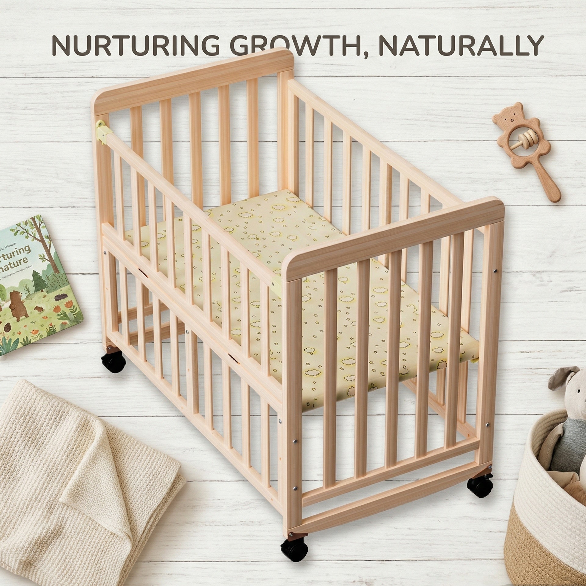 Baby Bassinets Bedside Sleeper - Portable Pine Wood Bedside Bassinet,3 Heights Small Mini Crib with Mattress,Space-Saving Design Baby Crib for Newborns 0-36 Months