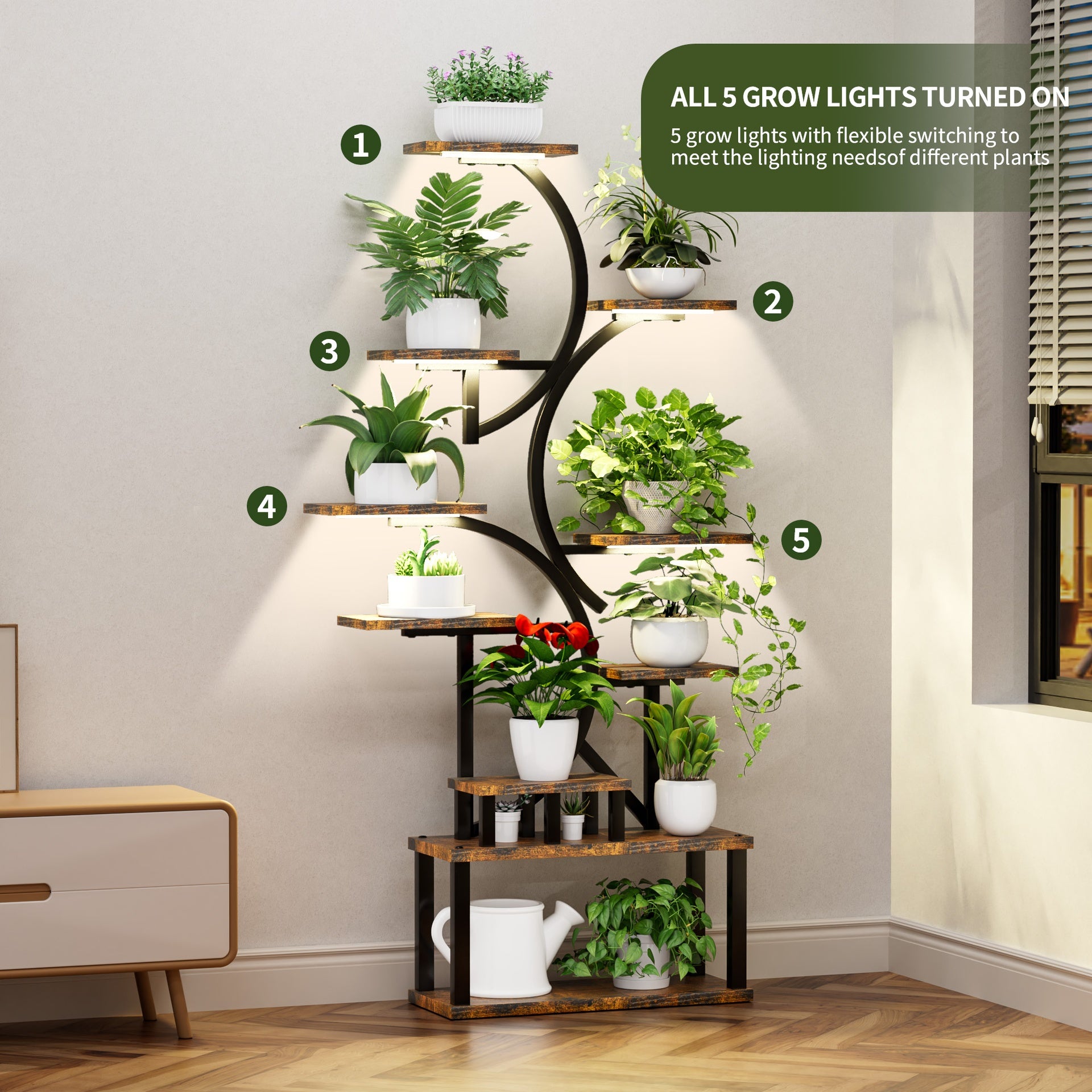 68.5" Tall 10-Tier Plant Stand with 5 Grow Lights, S-Shaped Corner Plant Rack for Indoor Plants, Perfect for Living Room, Garden & Patio