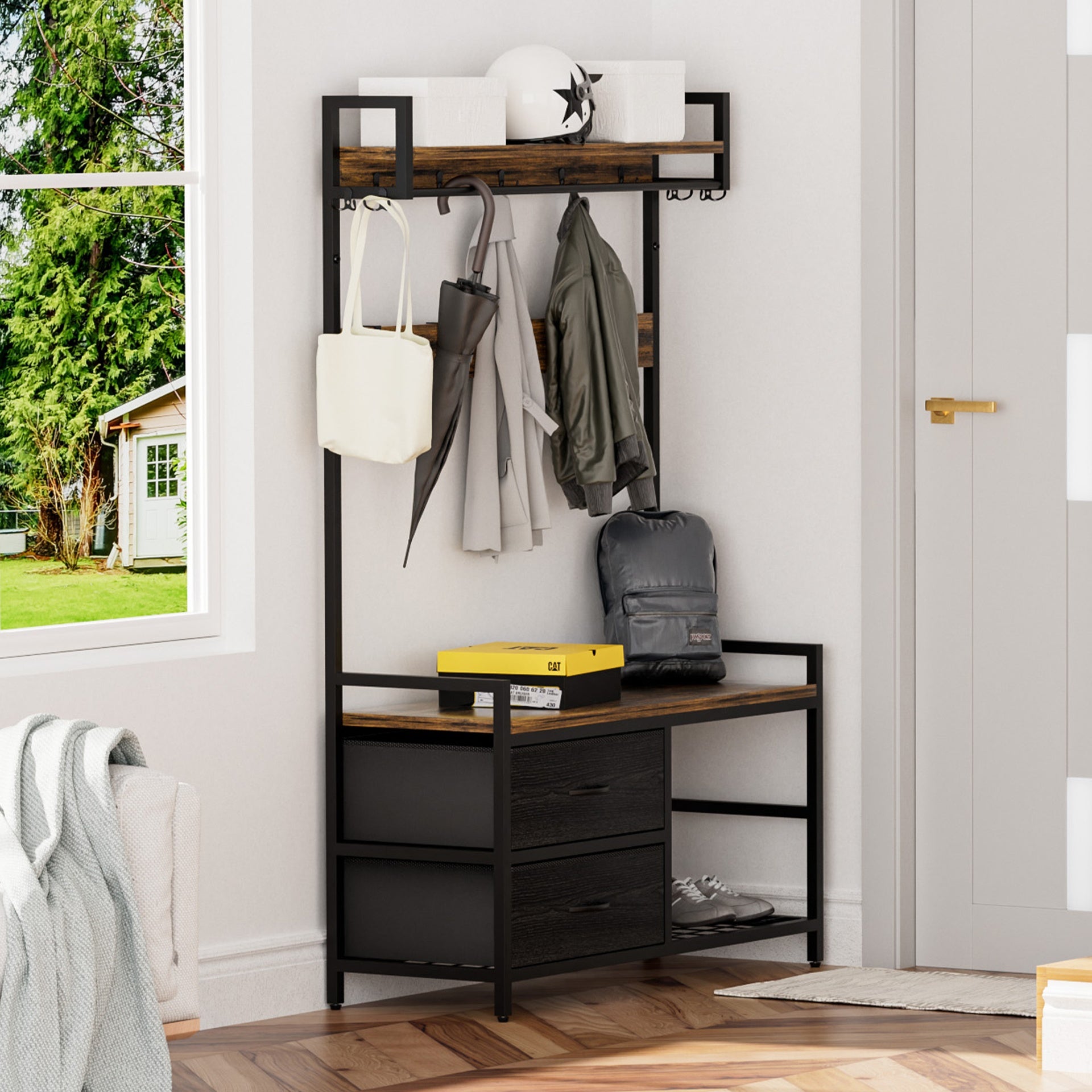 33.1" Wide Hall Tree with 2 Movable Drawers, Shoe Storage, Shelves and Garment Racks, 5-in-1 Entryway Bench with 23 Hooks (Fixed and Movable)