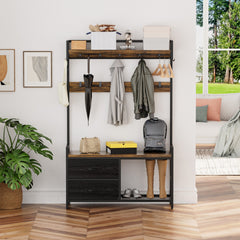 33.1" Wide Hall Tree with 2 Movable Drawers, Shoe Storage, Shelves and Garment Racks, 5-in-1 Entryway Bench with 23 Hooks (Fixed and Movable)