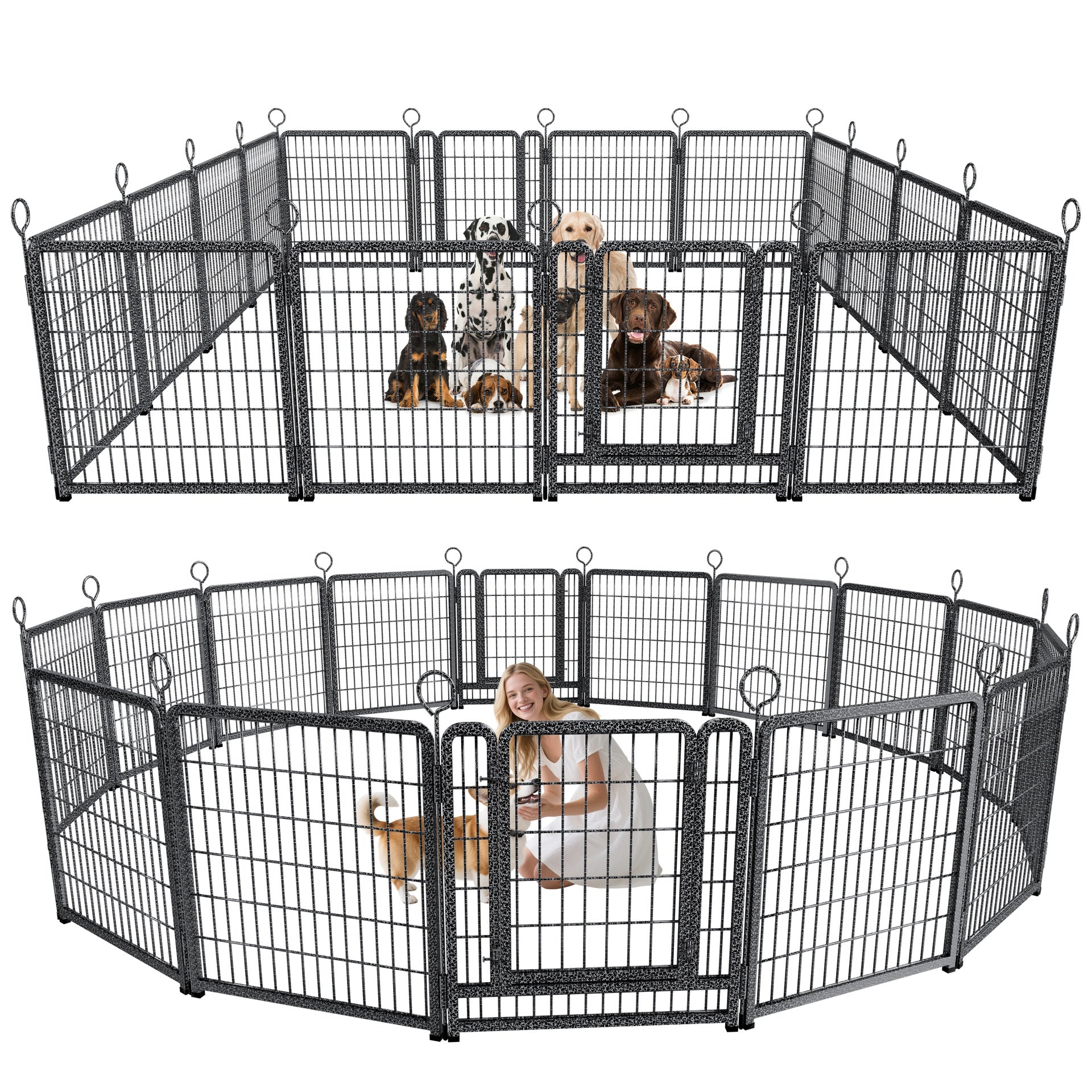 Dog Playpen Outdoor Extra Wide 16 Piece Panels Heavy Duty Dog Fence 40" Height Anti-Rust with Doors Portable for RV Camping Yard, Total 37FT, 111Sq.ft, Snowy Black