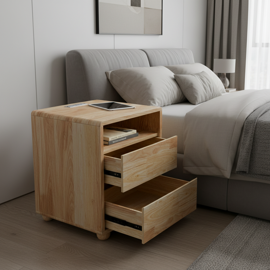 20"Modern Nightstand with 2 Drawers And Shelves Solid Wood Night Stand with Charger Station Mid Century Bedside Table Curved Wood Side Table for Bedroom Living room