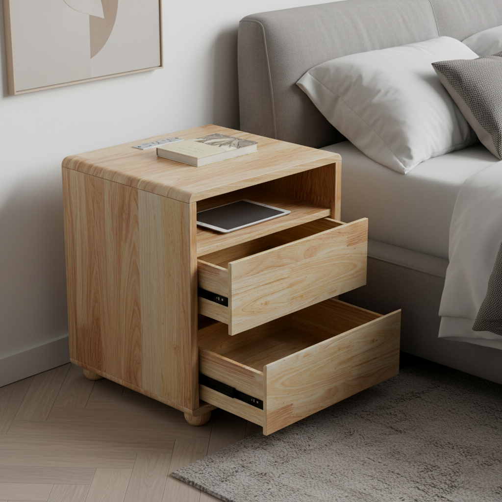 20"Modern Nightstand with 2 Drawers And Shelves Solid Wood Night Stand with Charger Station Mid Century Bedside Table Curved Wood Side Table for Bedroom Living room