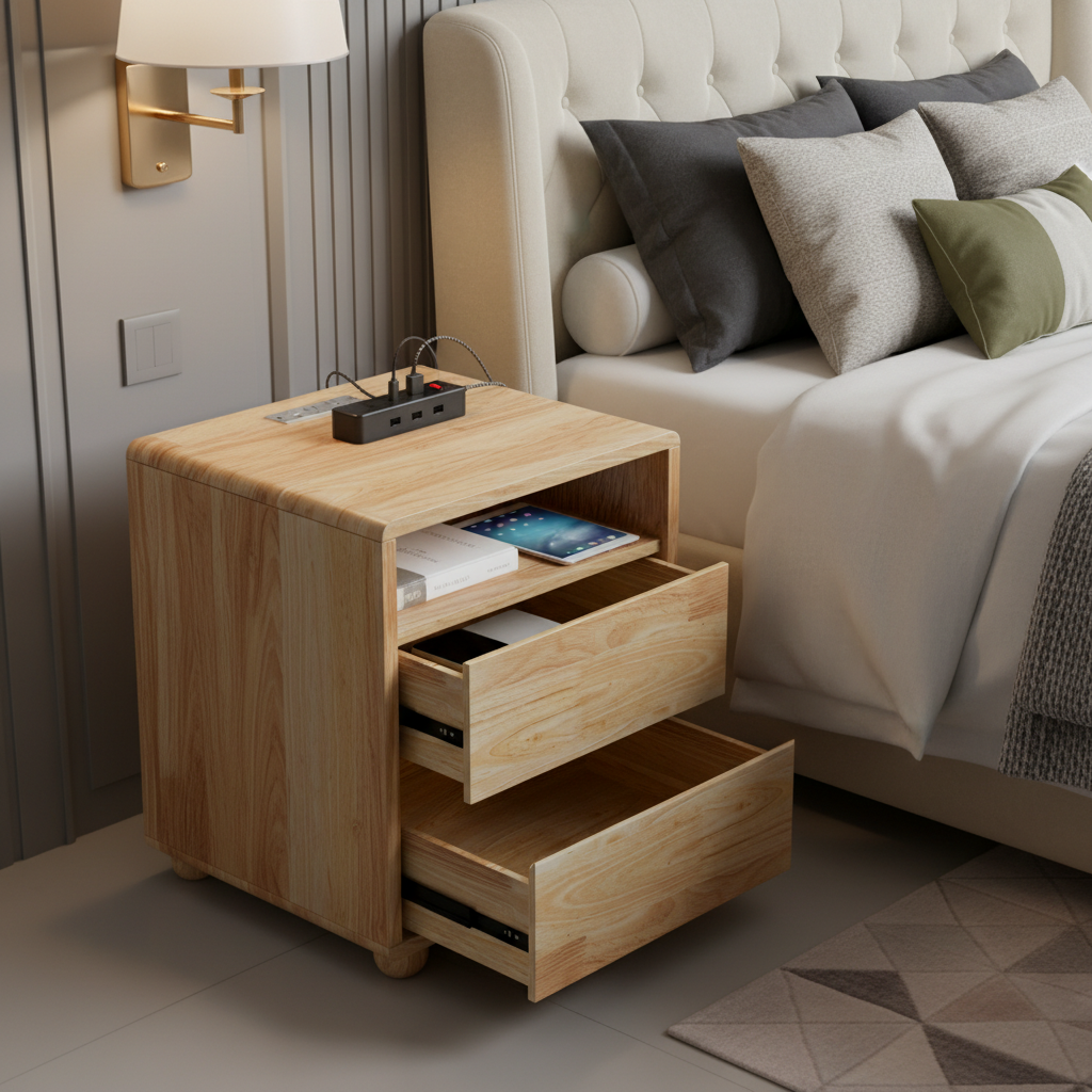 20"Modern Nightstand with 2 Drawers And Shelves Solid Wood Night Stand with Charger Station Mid Century Bedside Table Curved Wood Side Table for Bedroom Living room