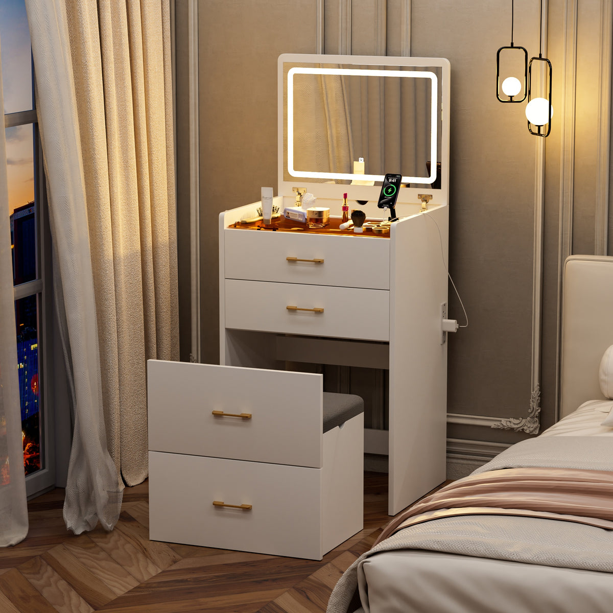 3 in 1 Vanity Desk with open Top Mirror,Make Up Vanity Set with Visible Glass Desktop,Compact Makeup Vanity with 3 Drawers and stool,Dressing Table for Bedroom