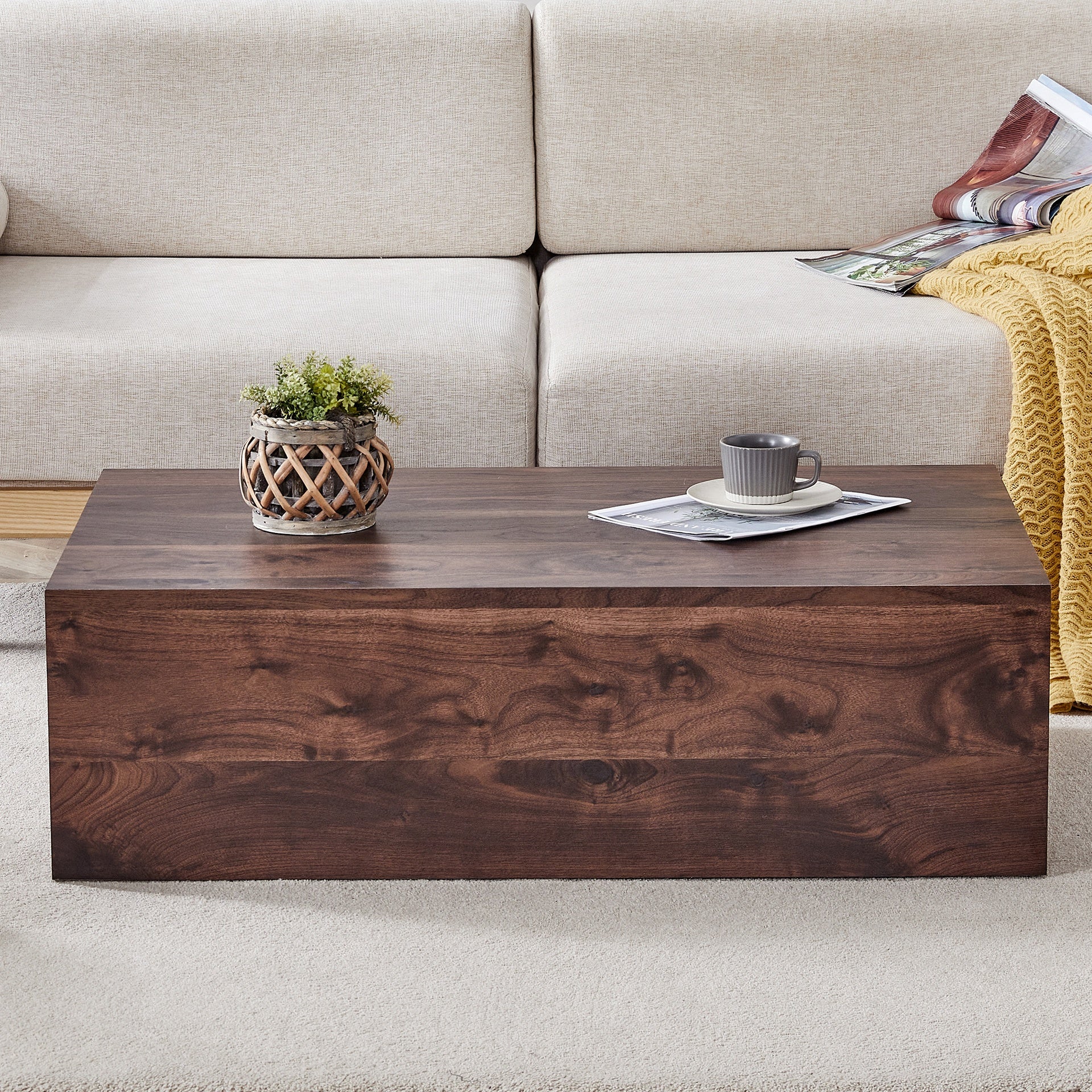 39.3*23.6*12 Inch Walnut Wood Grain MDF Coffee Table - Luxurious Design, Perfect Living Room Accent.Fashion texture design coffee table, suitable for various situations and scenes.W1151P231619