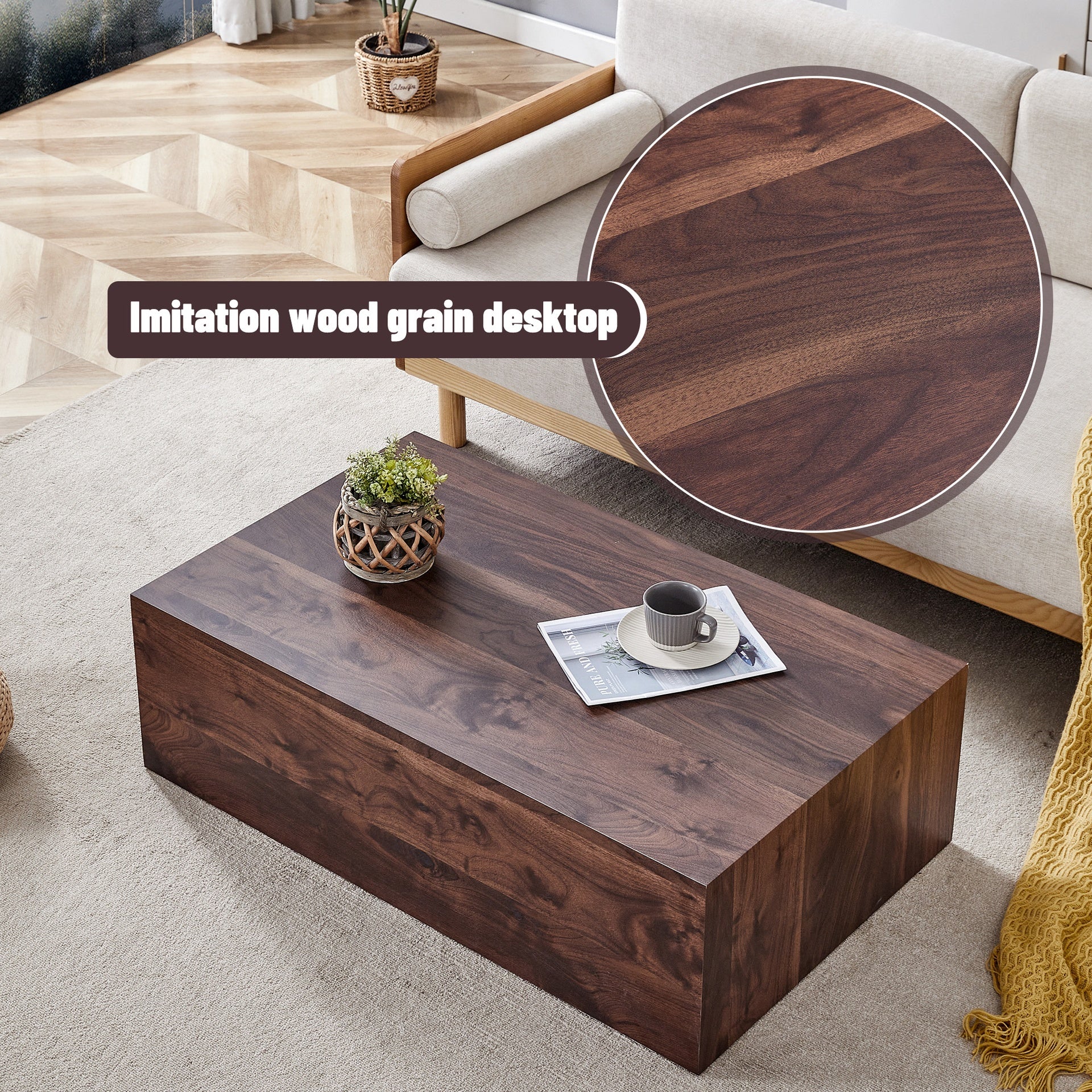 39.3*23.6*12 Inch Walnut Wood Grain MDF Coffee Table - Luxurious Design, Perfect Living Room Accent.Fashion texture design coffee table, suitable for various situations and scenes.W1151P231619