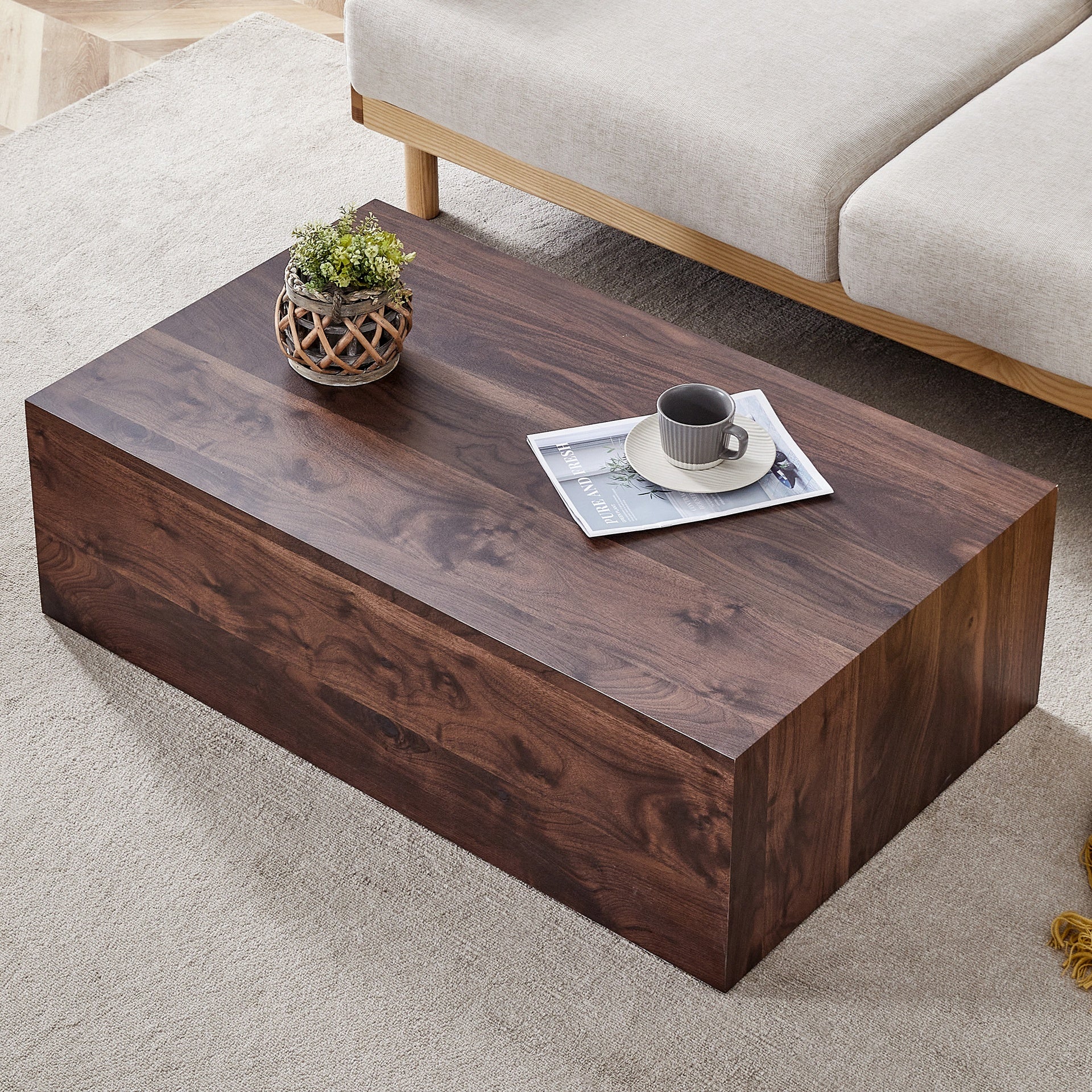 39.3*23.6*12 Inch Walnut Wood Grain MDF Coffee Table - Luxurious Design, Perfect Living Room Accent.Fashion texture design coffee table, suitable for various situations and scenes.W1151P231619