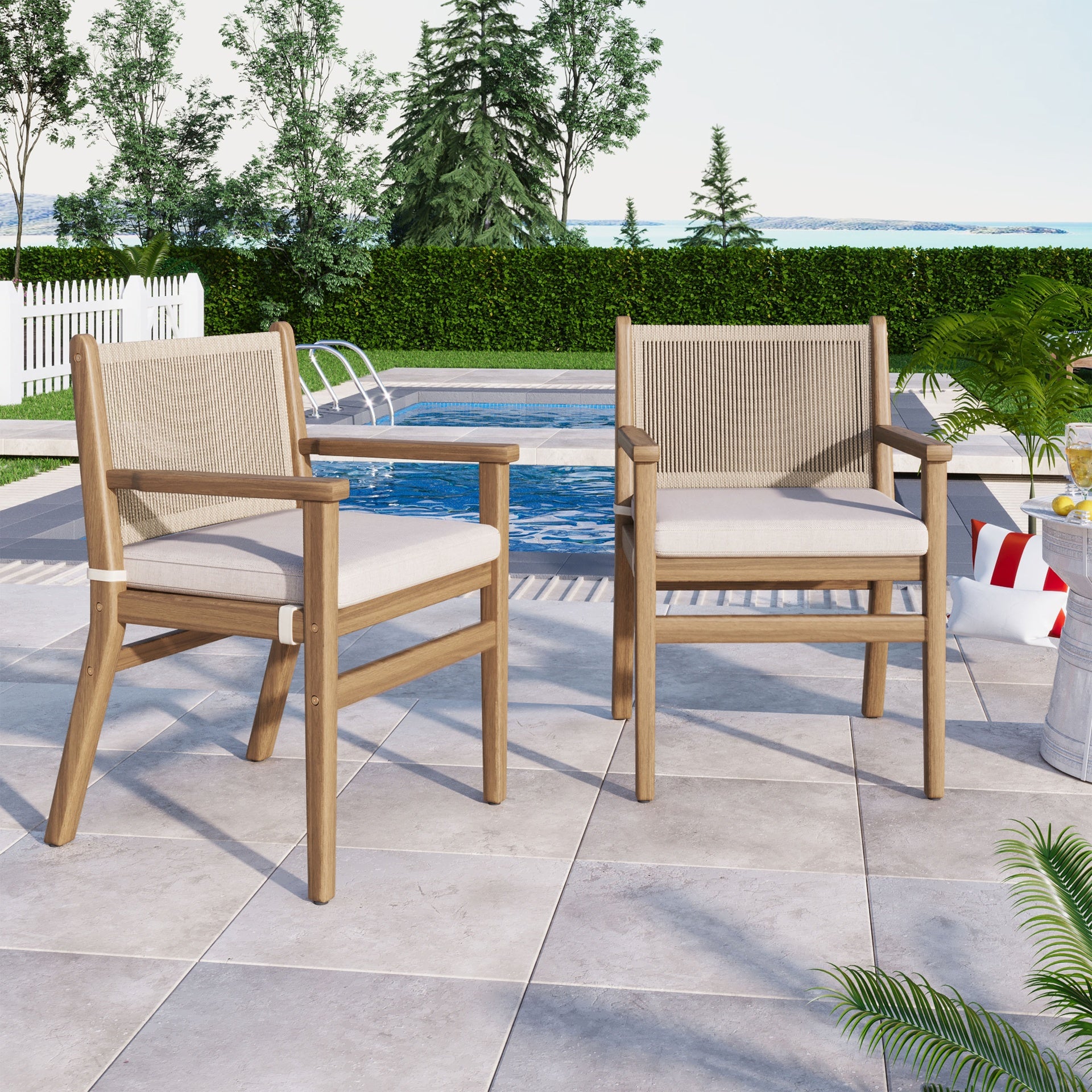 Outdoor Dining Chairs Set of 2, Acacia Wood Patio Armchair with Rope Design Back and Water Repellent Cushion, Light Brown, 400lbs Weight Capacity