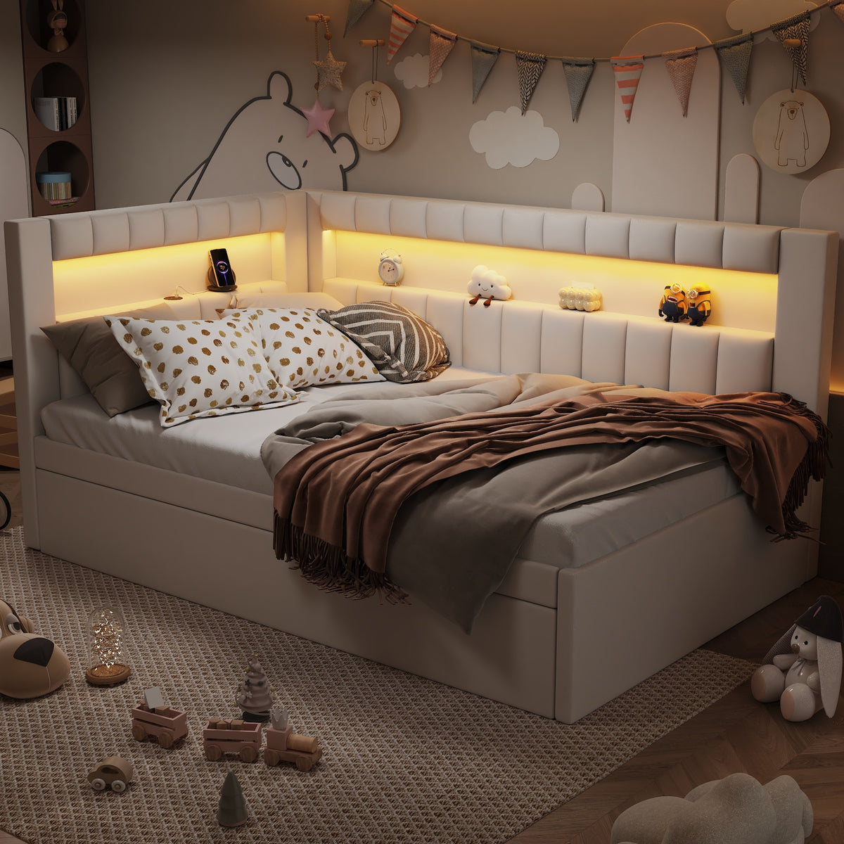 Upholstered Twin Size Platform Bed with USB Ports and LED Belt, With Trundle, White