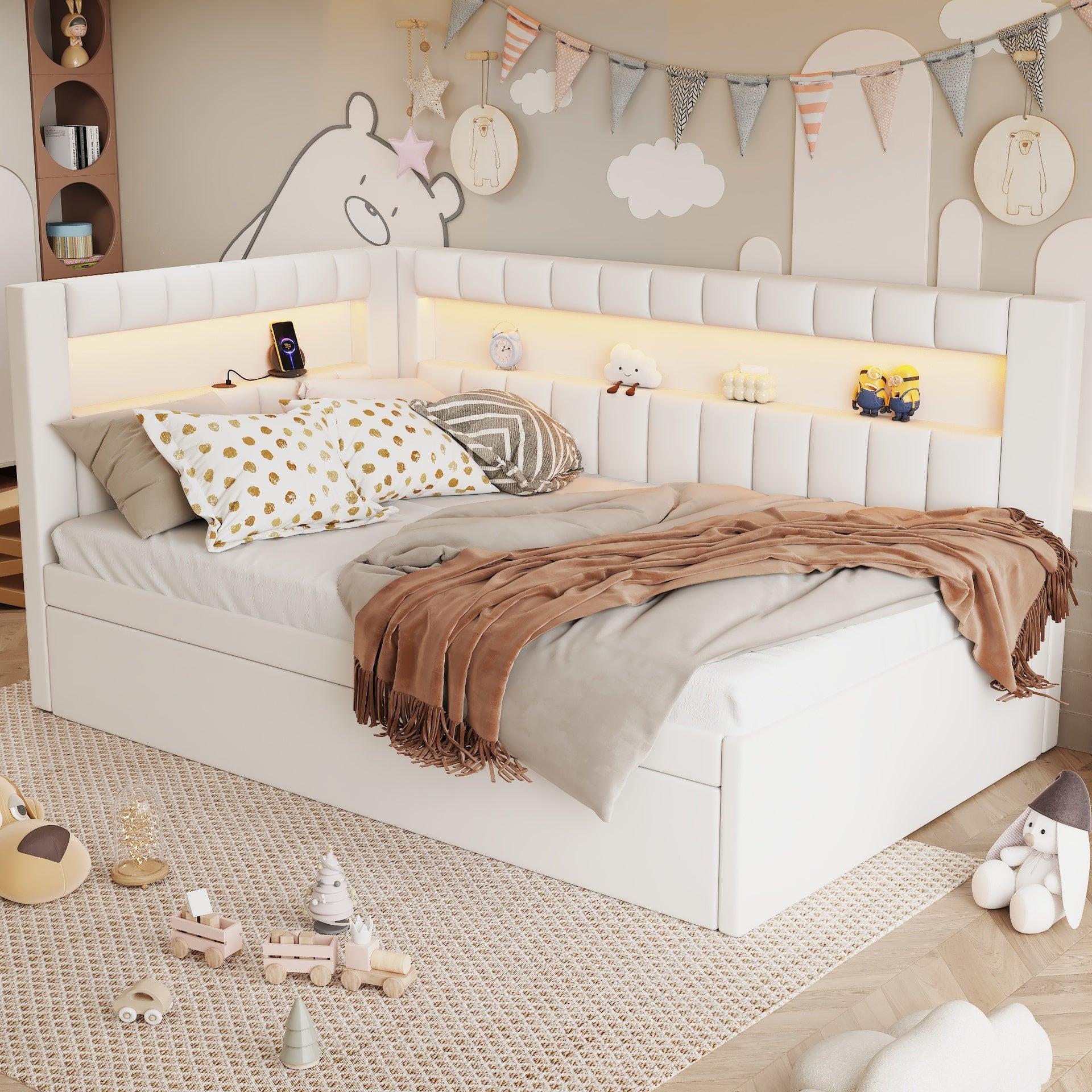 Upholstered Twin Size Platform Bed with USB Ports and LED Belt, With Trundle, White