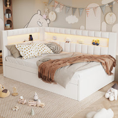 Upholstered Twin Size Platform Bed with USB Ports and LED Belt, With Trundle, White