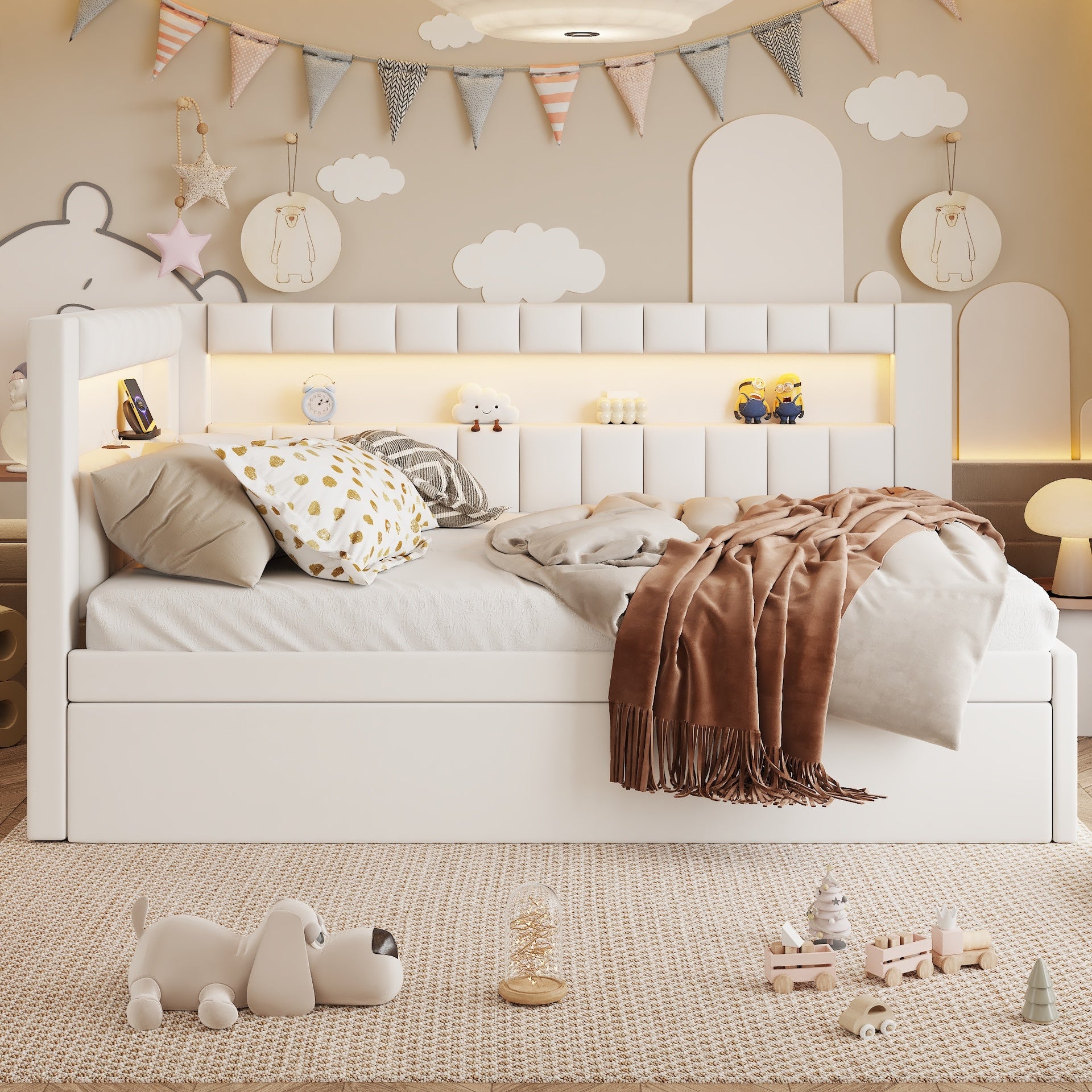 Upholstered Twin Size Platform Bed with USB Ports and LED Belt, With Trundle, White