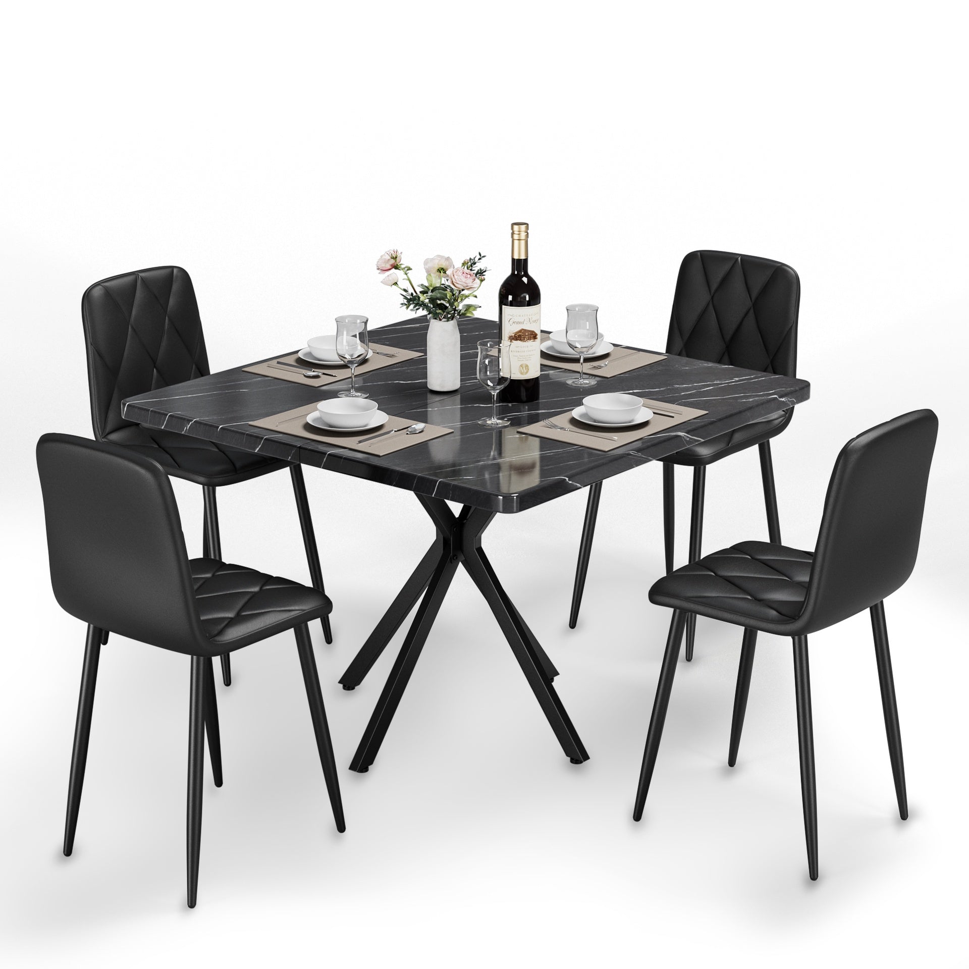 Square Dining Table Set, Mid Century Modern Square Dining Table for 4 Person, Faux Marble Tabletop, Iron Legs, Coffee Table for Kitchen Dining Room, Office, Save Space