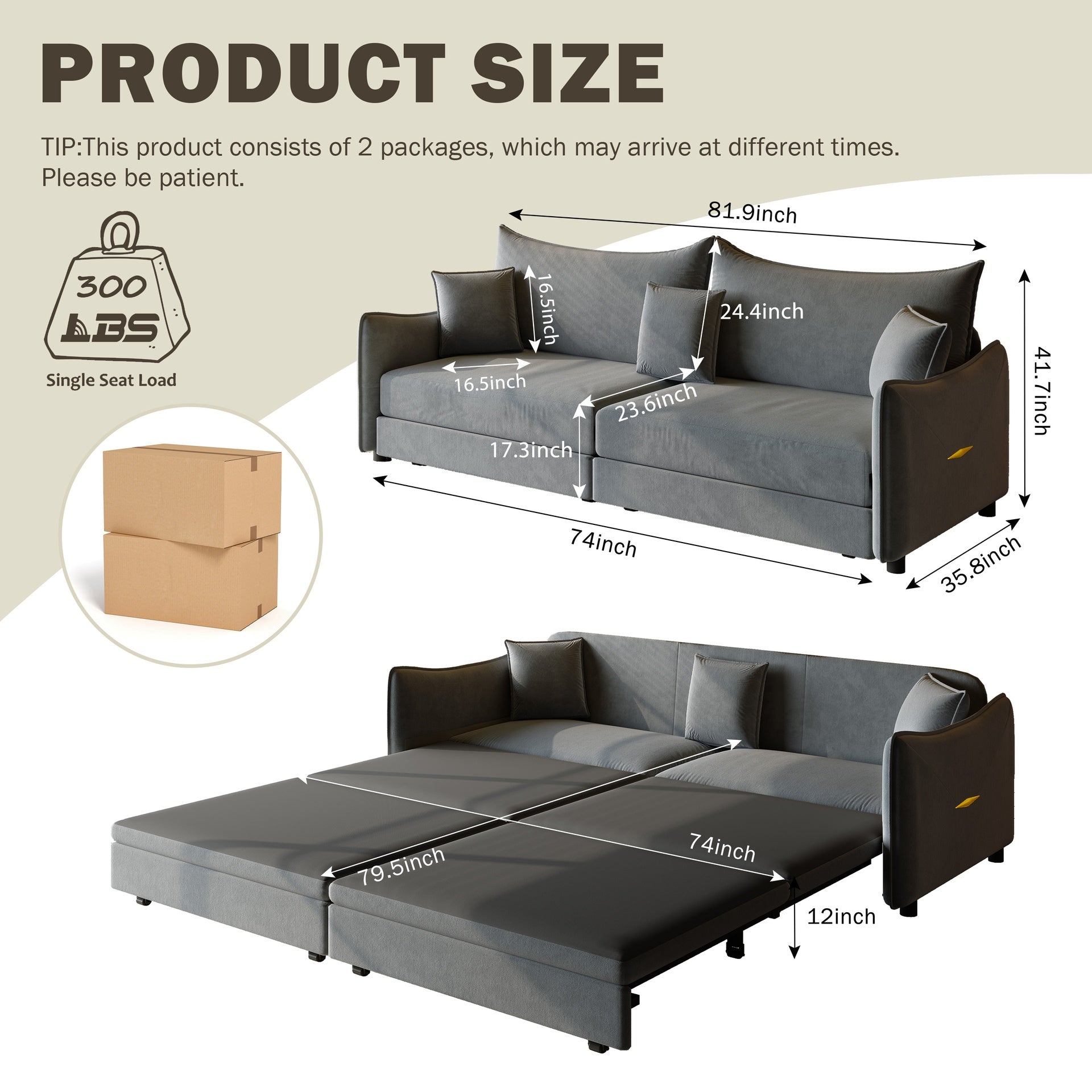81.9" King Pull Out Sofa Bed,3-in-1 Convertible Sofa Bed with 3 Pillows & Golden Accent Detail Design, Modern Velvet 3-Seater Couch,for Small Space,Living Room,Apartment,Dark Grey