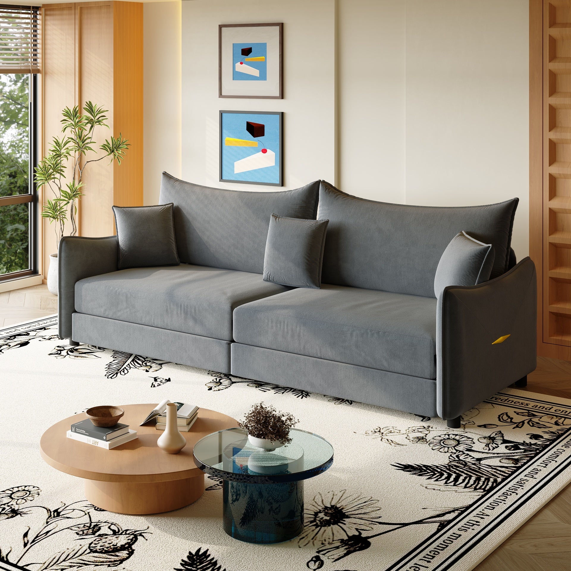 81.9" King Pull Out Sofa Bed,3-in-1 Convertible Sofa Bed with 3 Pillows & Golden Accent Detail Design, Modern Velvet 3-Seater Couch,for Small Space,Living Room,Apartment,Dark Grey