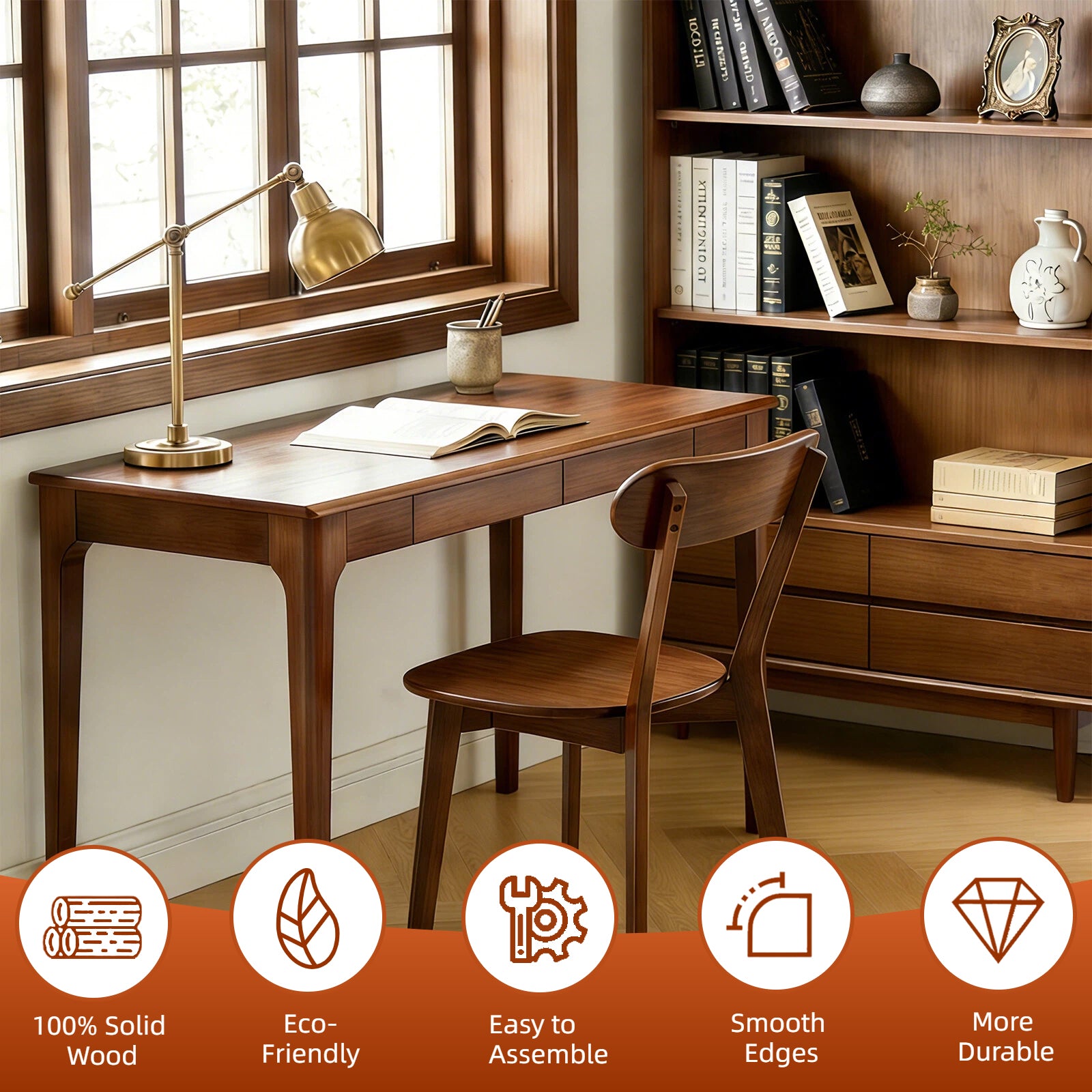 100% Natural Solid Wood Dining Chairs Set of 2, Mid Century Modern Dining Chairs with Curved Backrest, Kitchen Chair with Adjustable Foot Pads for Dining Room, Kitchen, Living Room, Study, Walnut