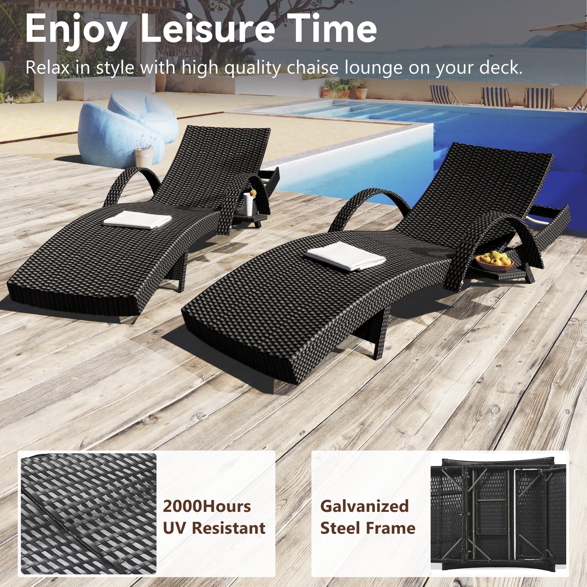 K&K 80'' Outdoor Wicker Chaise Lounge Chairs Set of 2, Patio Rattan Reclining Chair Pull-out Side Table Adjustable Backrest Ergonomic Wave Design Pool Sunbathing Recliners, Black