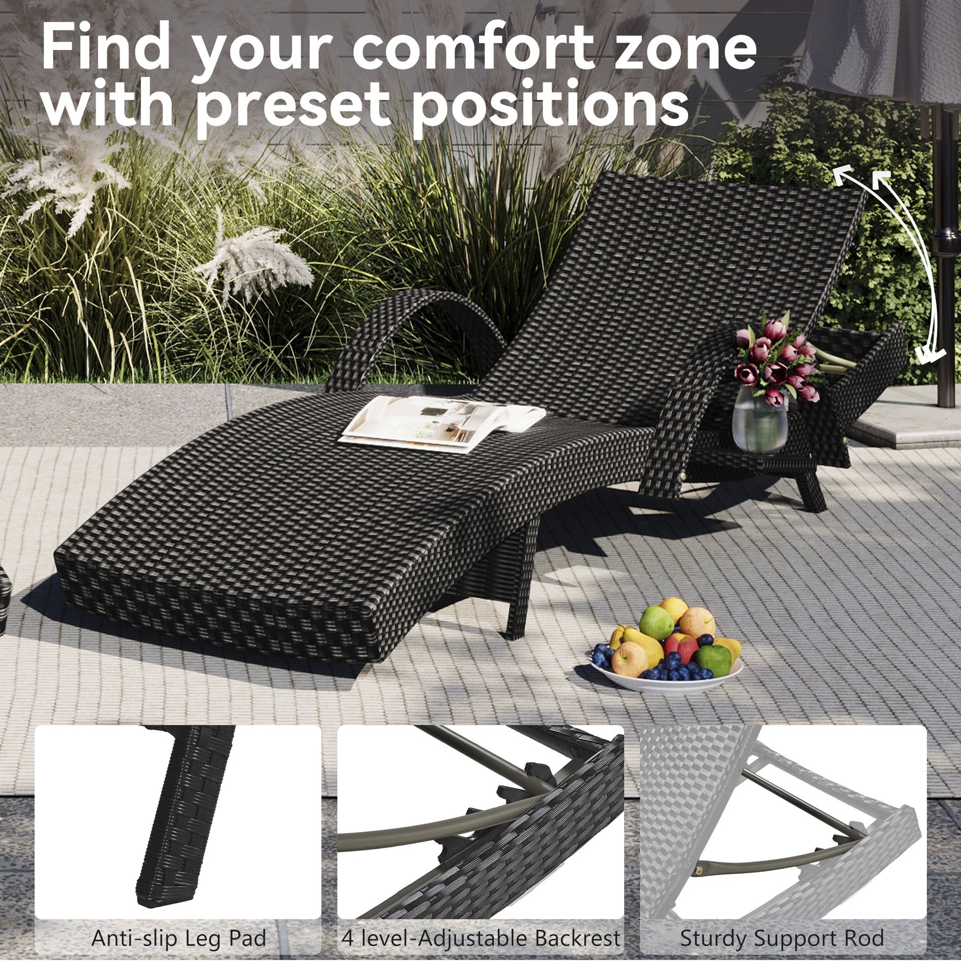 K&K 80'' Outdoor Wicker Chaise Lounge Chairs Set of 2, Patio Rattan Reclining Chair Pull-out Side Table Adjustable Backrest Ergonomic Wave Design Pool Sunbathing Recliners, Black
