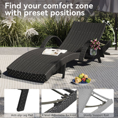 K&K 80'' Outdoor Wicker Chaise Lounge Chairs Set of 2, Patio Rattan Reclining Chair Pull-out Side Table Adjustable Backrest Ergonomic Wave Design Pool Sunbathing Recliners, Black