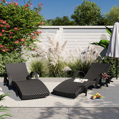 K&K 80'' Outdoor Wicker Chaise Lounge Chairs Set of 2, Patio Rattan Reclining Chair Pull-out Side Table Adjustable Backrest Ergonomic Wave Design Pool Sunbathing Recliners, Black