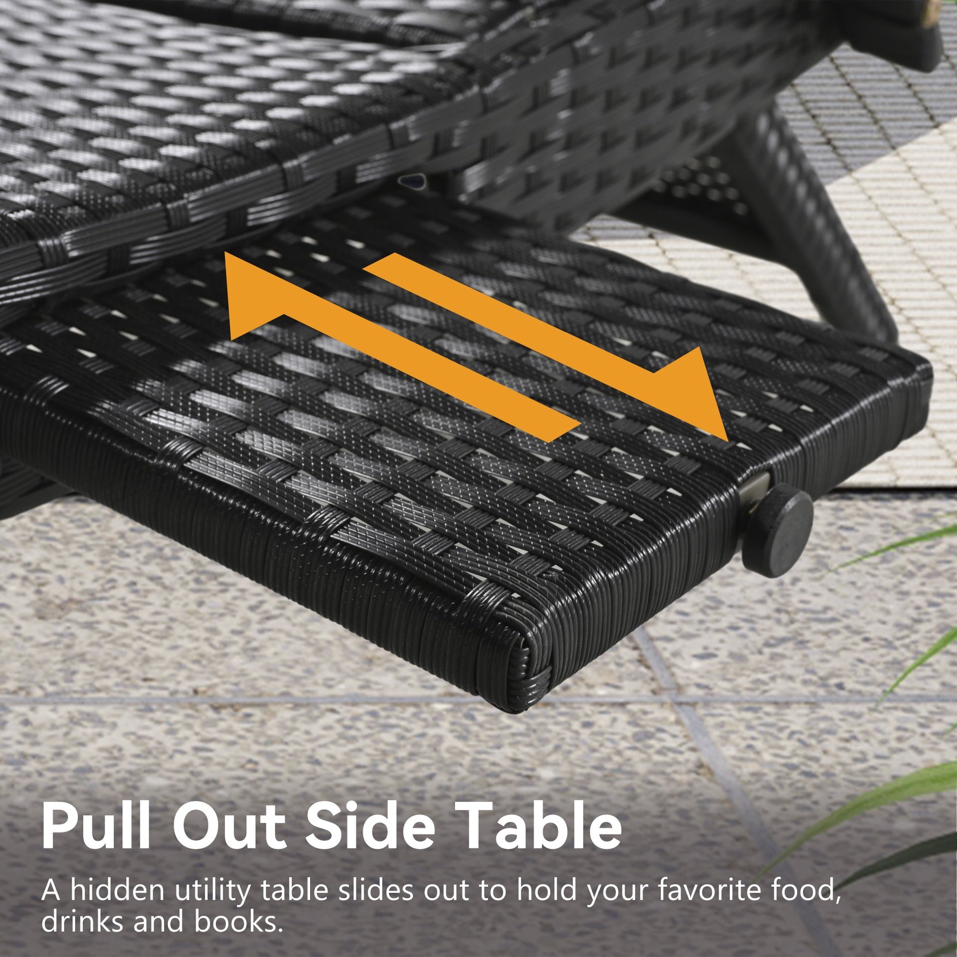 K&K 80'' Outdoor Wicker Chaise Lounge Chairs Set of 2, Patio Rattan Reclining Chair Pull-out Side Table Adjustable Backrest Ergonomic Wave Design Pool Sunbathing Recliners, Black