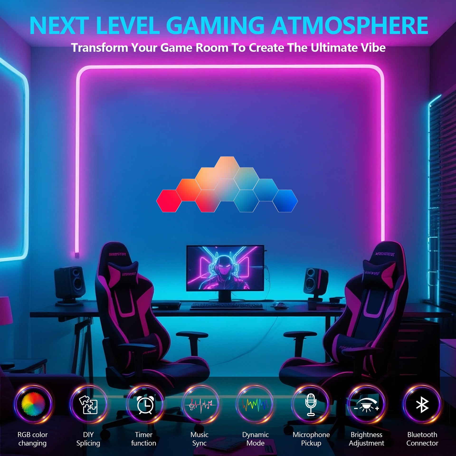 Hexagon Lights (10 Pack) LED Wall Panels, RGB Gaming Lights with APP, Smart Modular Panel Hex Tiles Push Glide Expansion Shapes Light