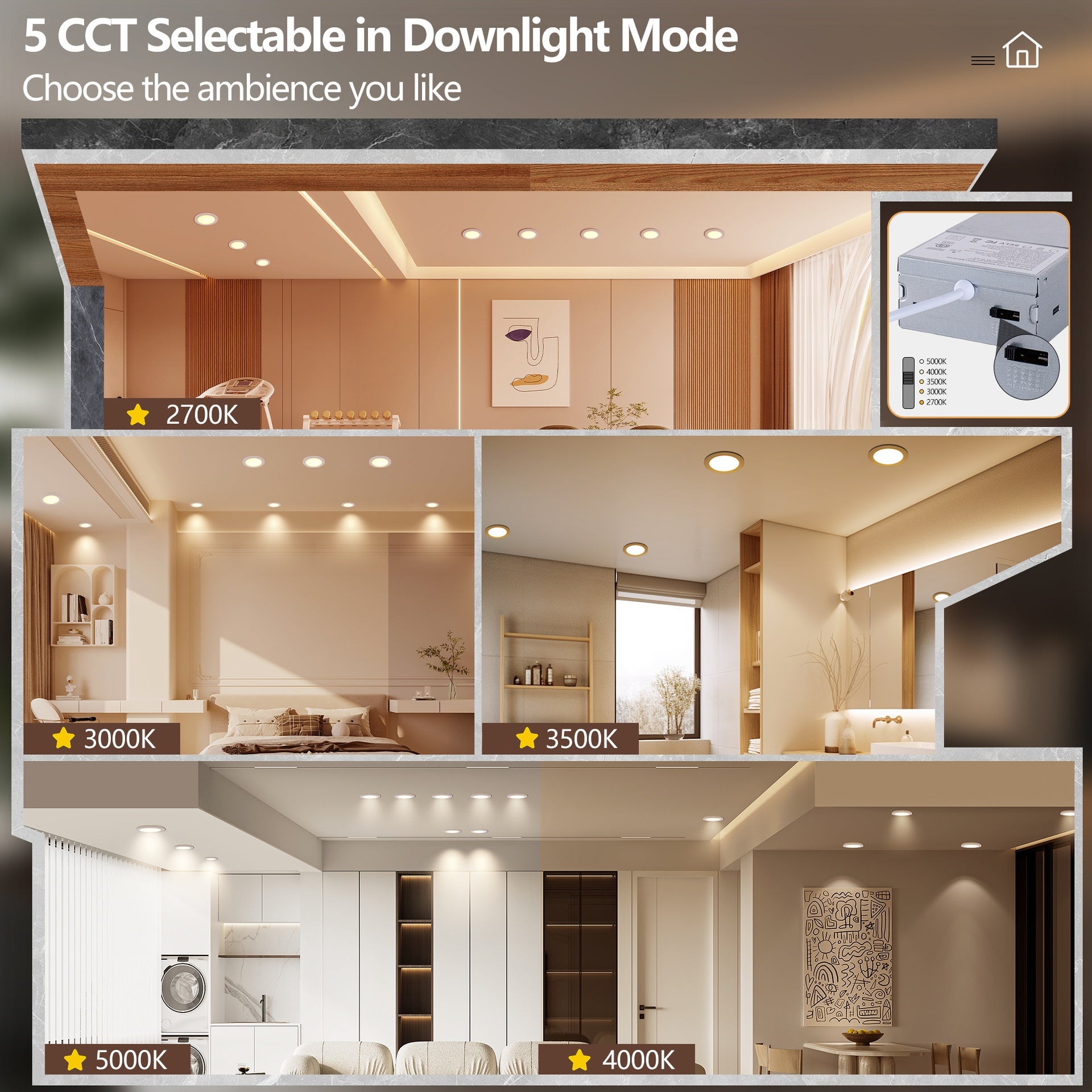 6 Pack 6 Inch White LED Recessed Light, Dimmable, 2700K-5000K 5CCT, 800LM High Brightness, 9W 120V, Ultra-Thin Canless Wafer Light