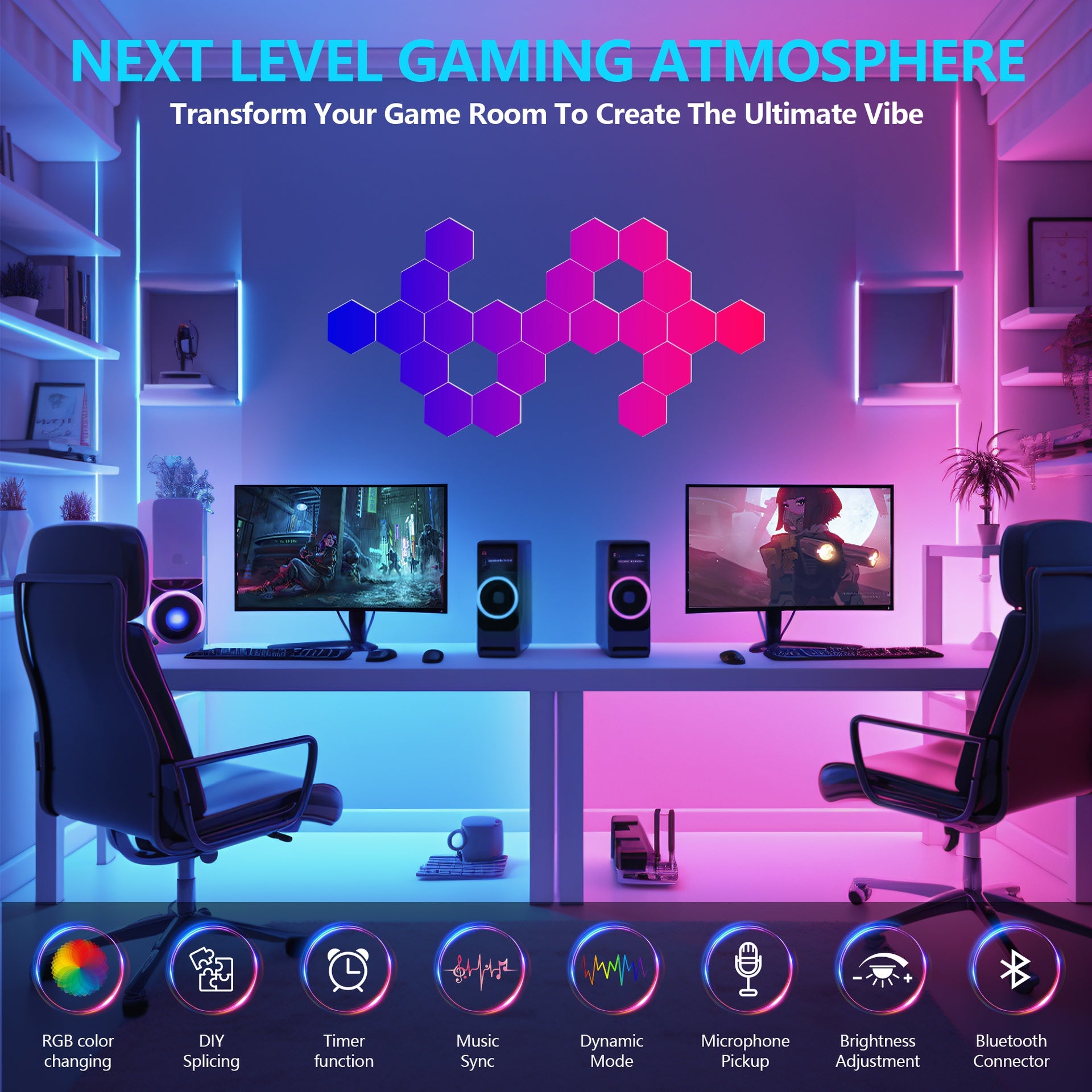 Hexagonal LED lights-20 sets of intelligent APP RGB game lights, with remote control and music synchronization. Honeycomb shaped hexagonal lights, suitable for bedroom, living room walls