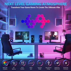 Hexagonal LED lights-20 sets of intelligent APP RGB game lights, with remote control and music synchronization. Honeycomb shaped hexagonal lights, suitable for bedroom, living room walls