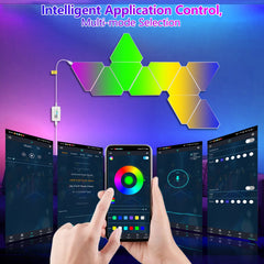 Triangular LED lights, 10 RGB wall panels, modular intelligent light panel with APP, remote and music synchronization, honeycomb light wall in game room, bedroom decoration