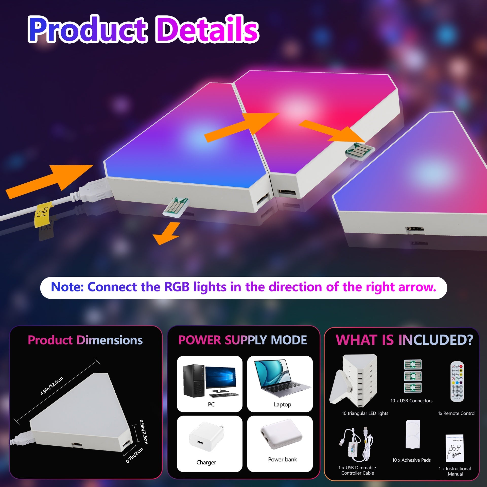 Triangular LED lights, 10 RGB wall panels, modular intelligent light panel with APP, remote and music synchronization, honeycomb light wall in game room, bedroom decoration