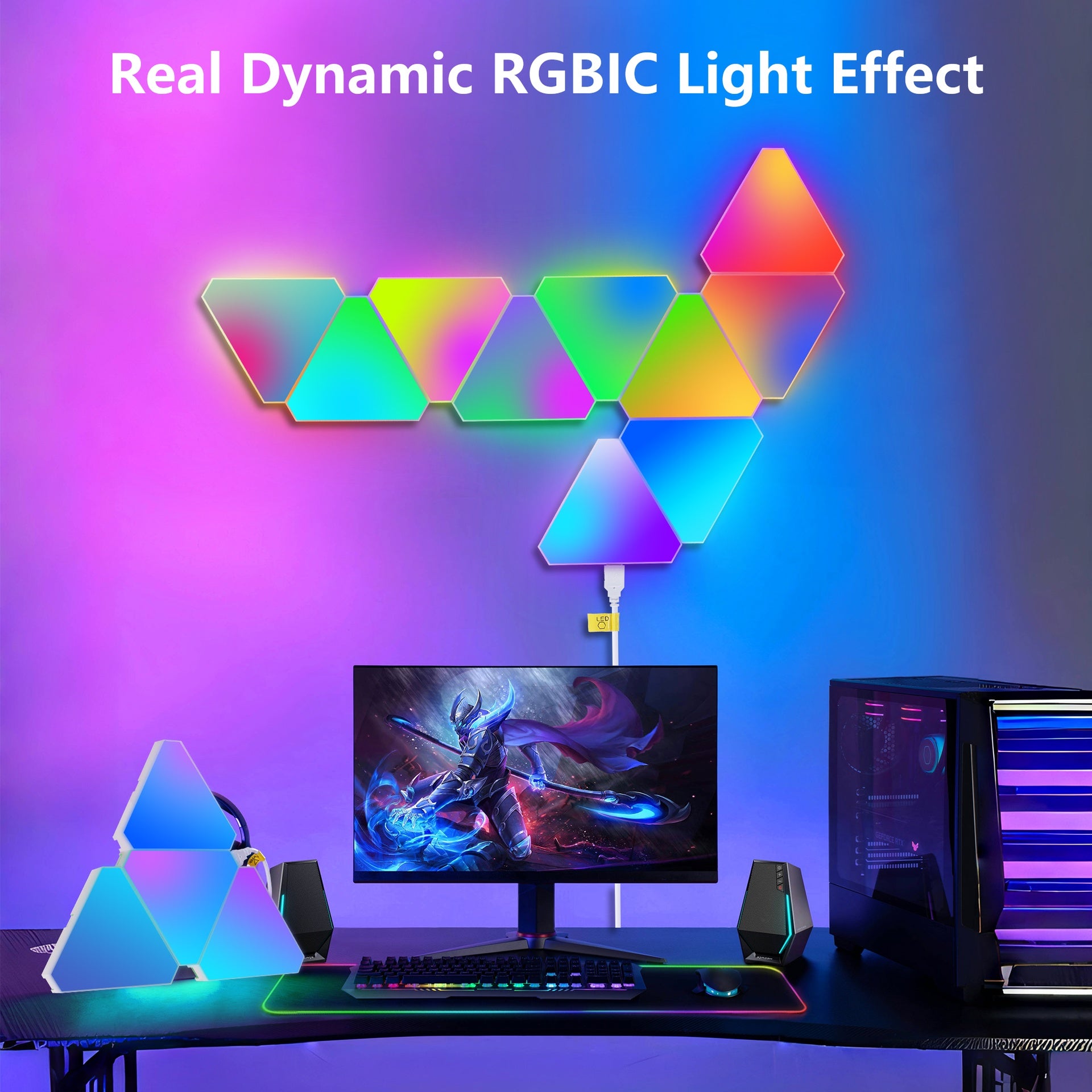 Triangular LED lights, 10 RGB wall panels, modular intelligent light panel with APP, remote and music synchronization, honeycomb light wall in game room, bedroom decoration