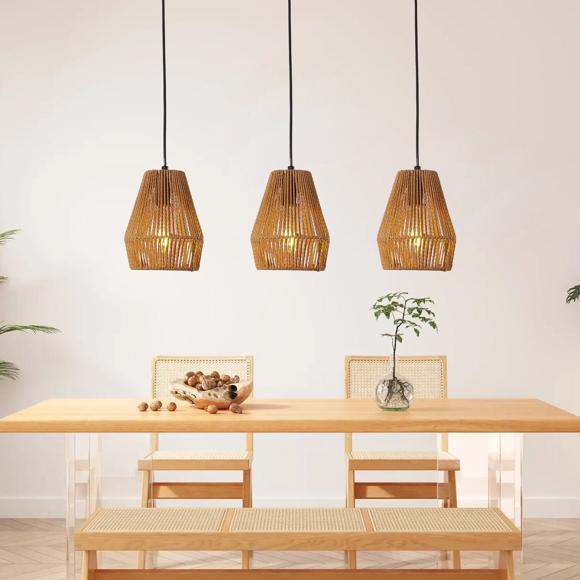 7" Set of 3 Rustic Hemp Rope Pendant Light, Handcrafted Farmhouse Hanging Light Fixture, Adjustable Height Ceiling Lamp for Kitchen Island, Dining Room, or Living Room, Natural Woven Design (No Bulbs)